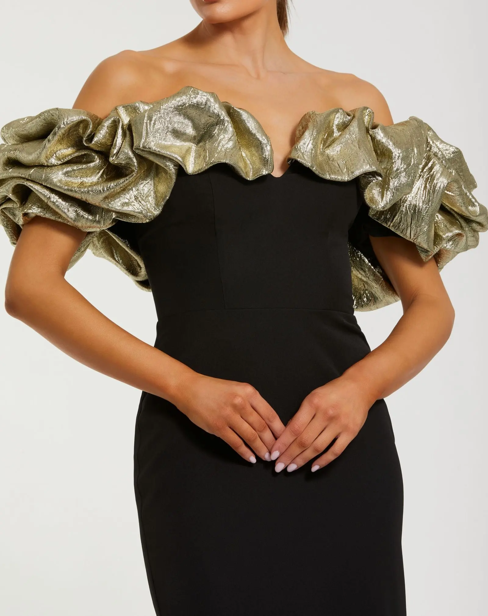 Black Mermaid Gown With Off The Shoulder Ruffle Detail - Image 2