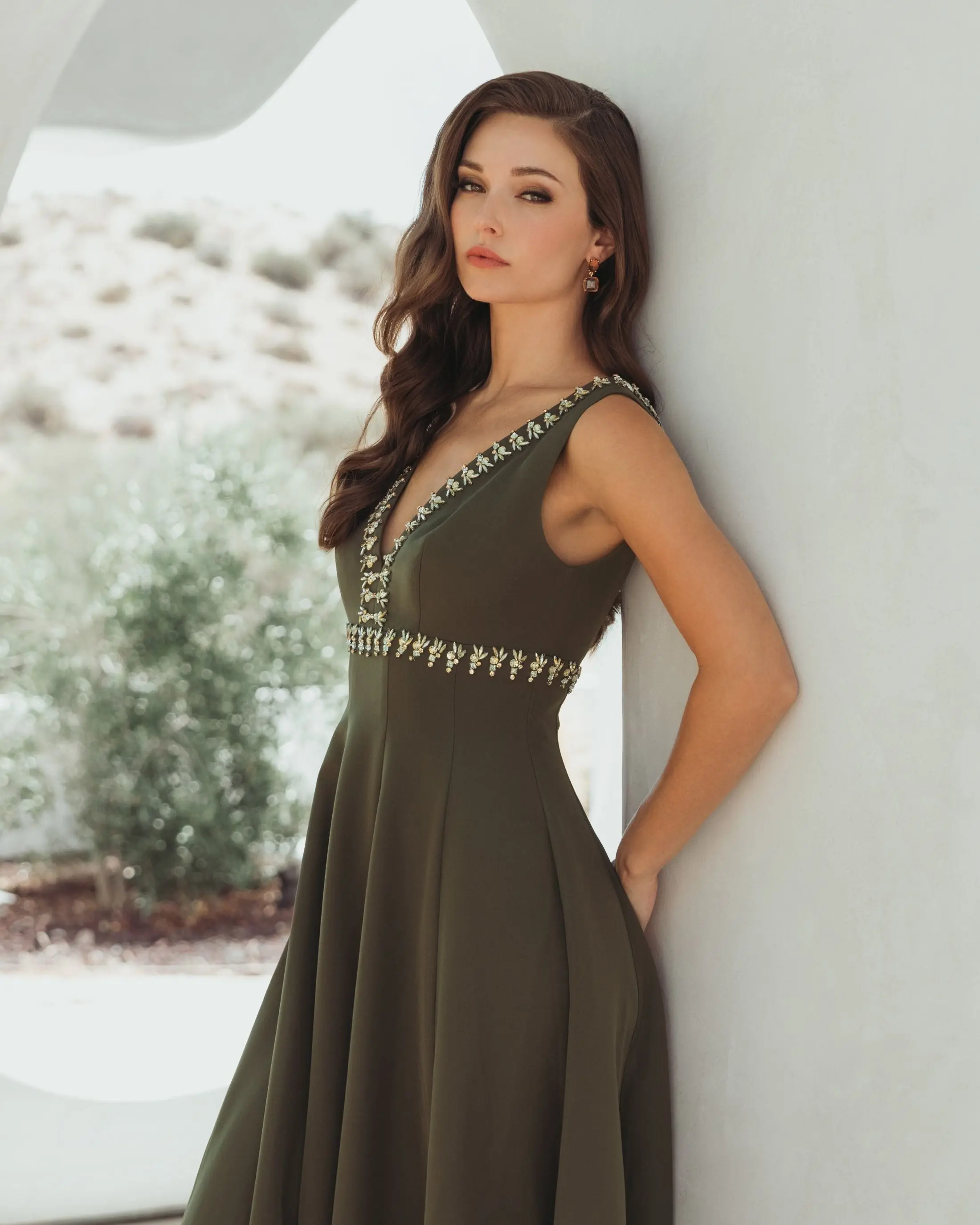 Green Rhinestone Embellished Crepe A Line Midi Dress - Image 6