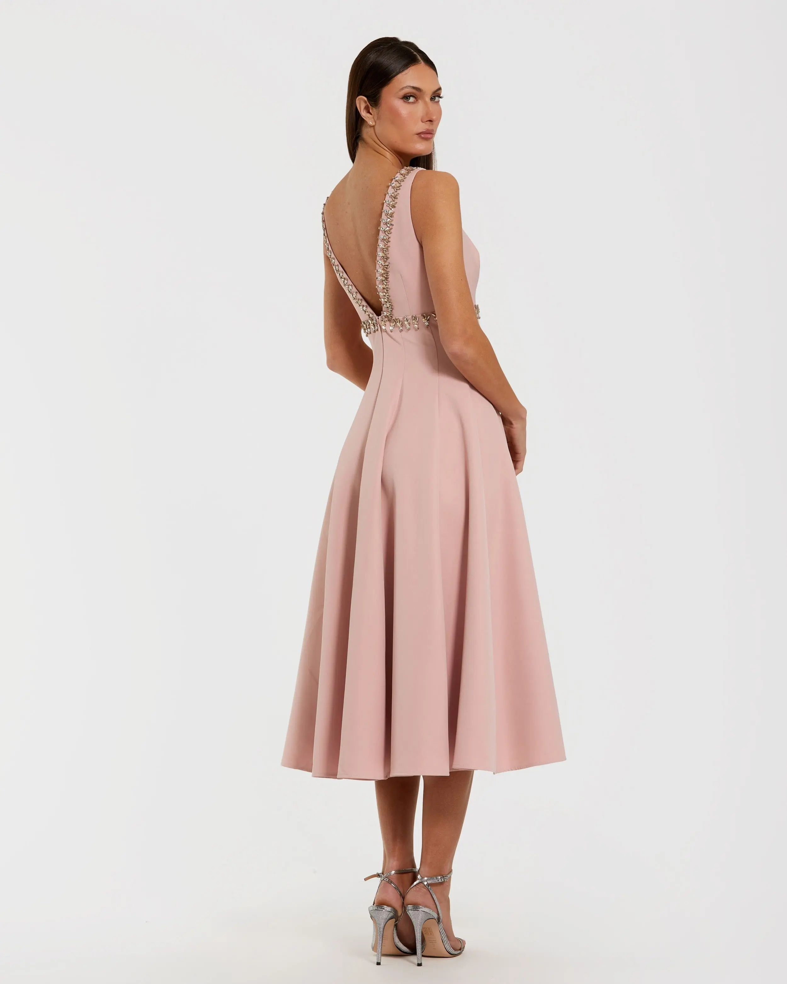 Pink Rhinestone Embellished Crepe A Line Midi Dress - Image 3