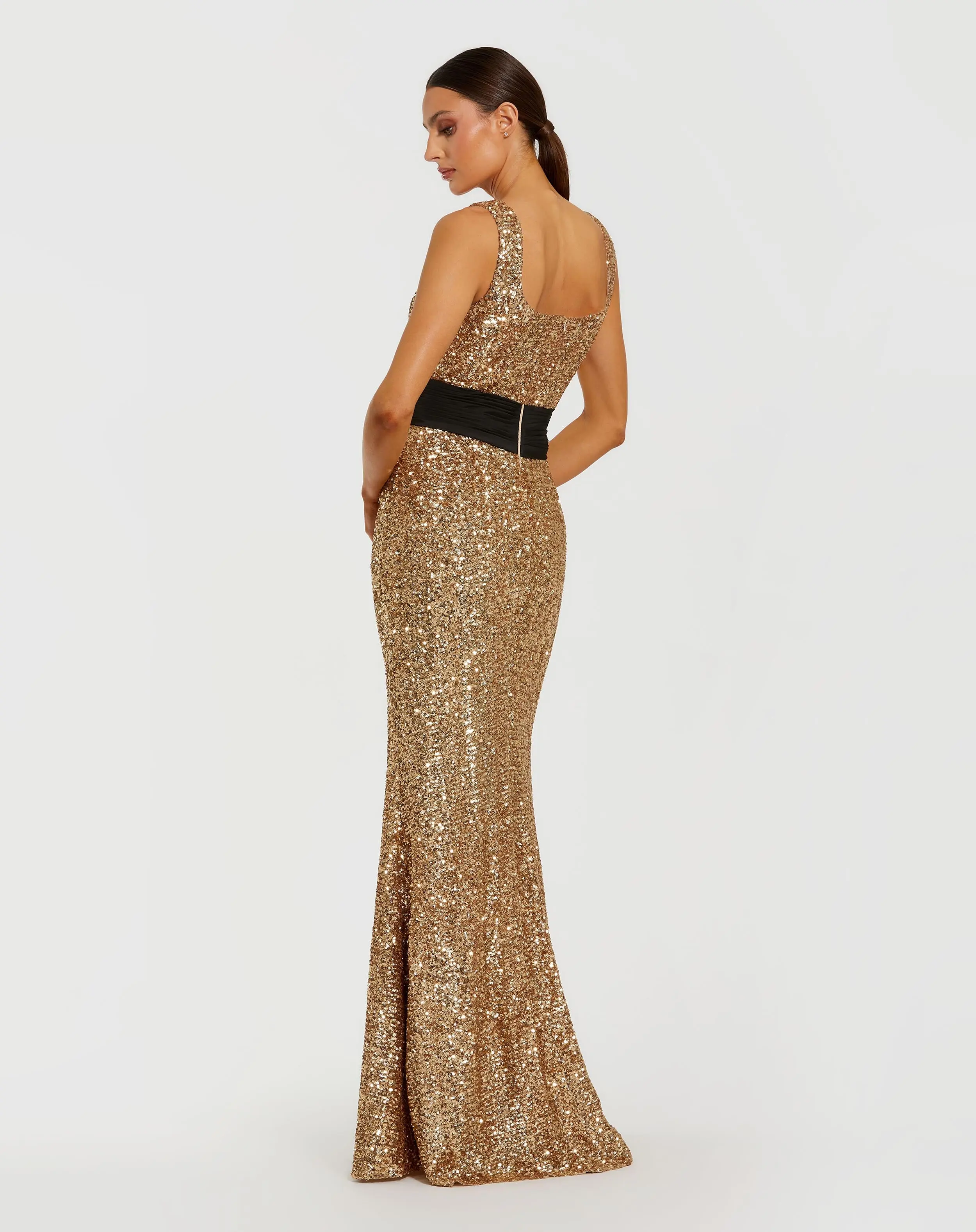 Gold Sequin Square Neck Column Gown With Faille Bow - Image 3