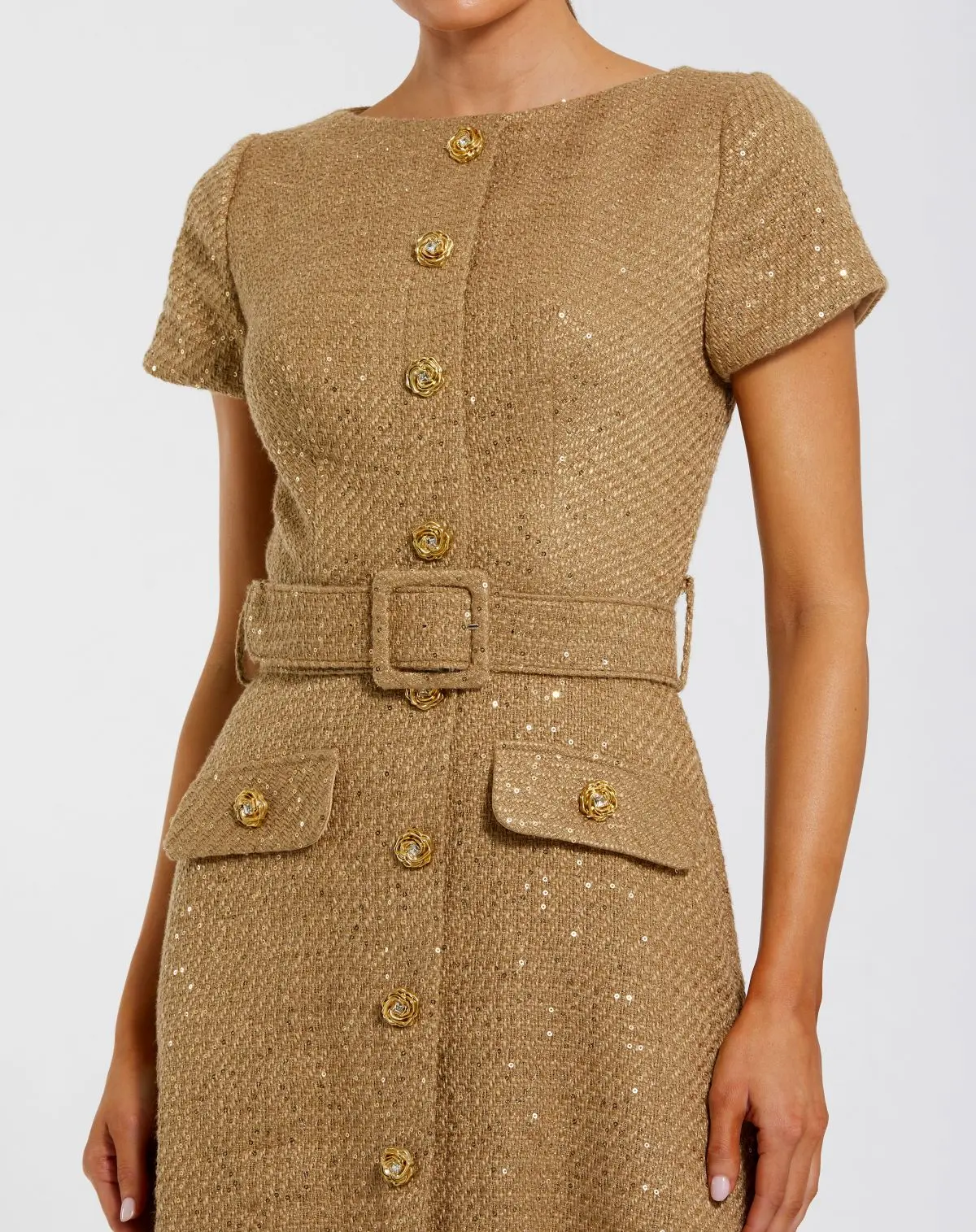 Gold Boucle Cap Sleeve High Neck Button Up Midi Dress - Image 2