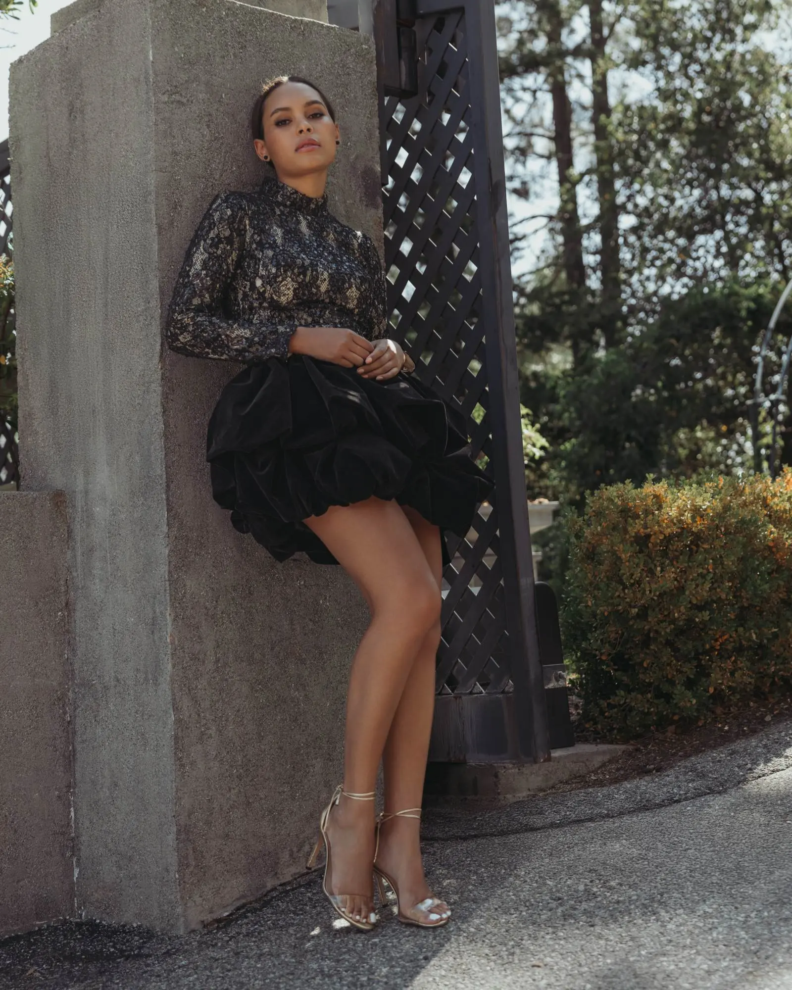 Black Mock Neck Long Sleeve Lace And Velvet Mini Dress - Image 6