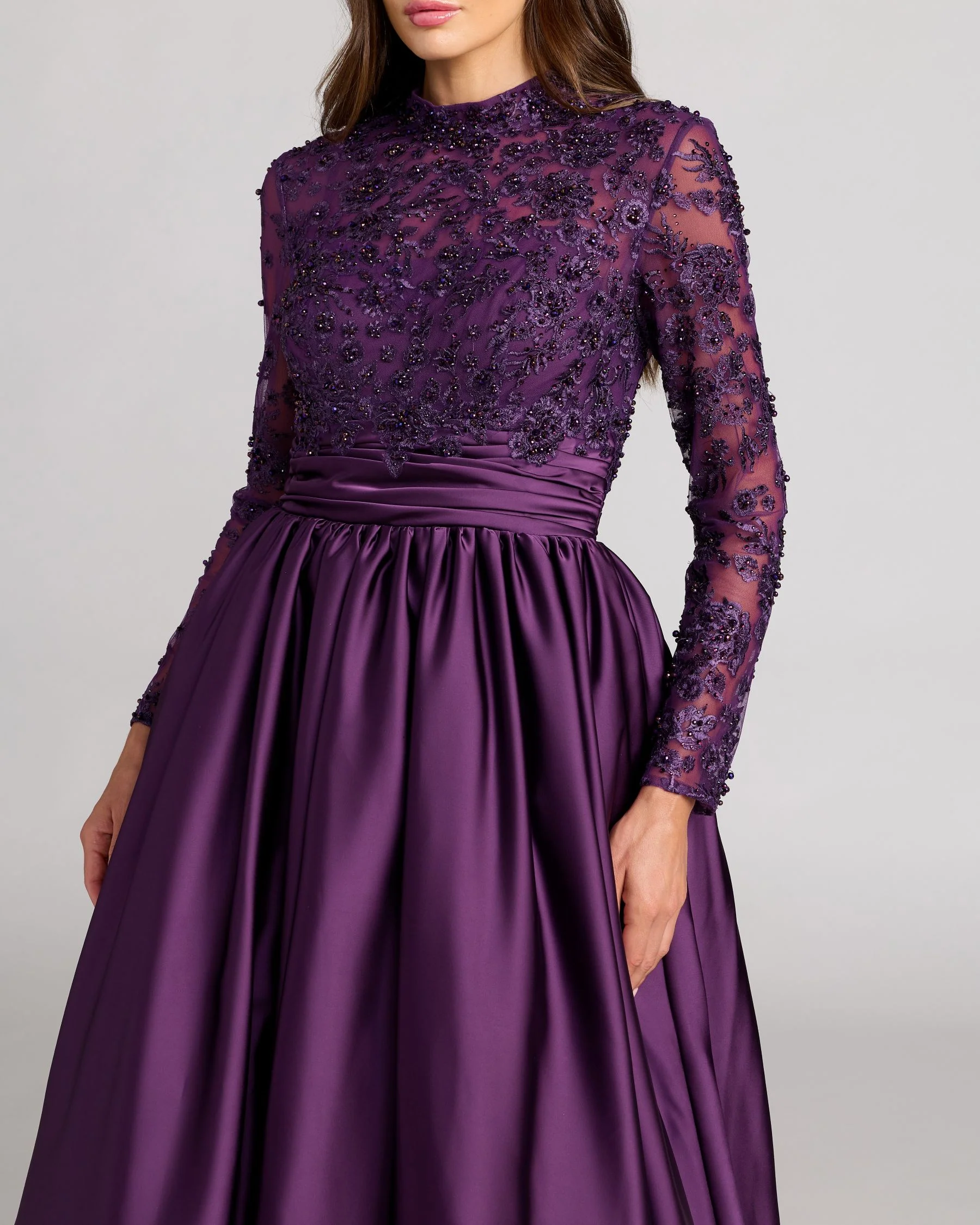 Purple Embroidered Long Sleeve Satin Ball Gown - Image 2