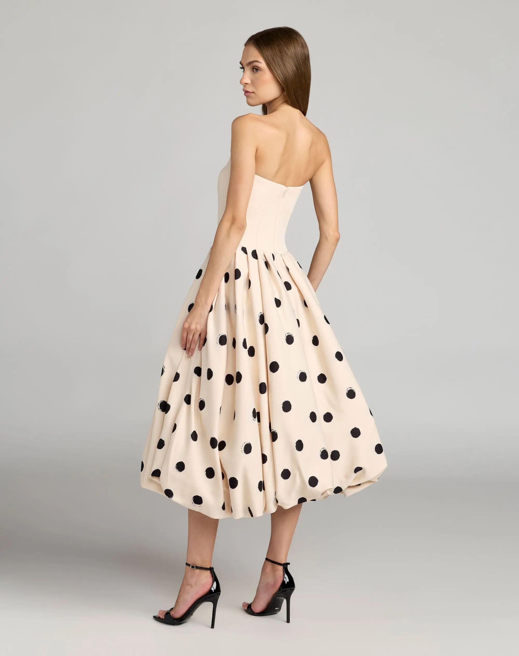 Ivory Strapless Polka Dot Bubble Hem Midi Dress - Image 3