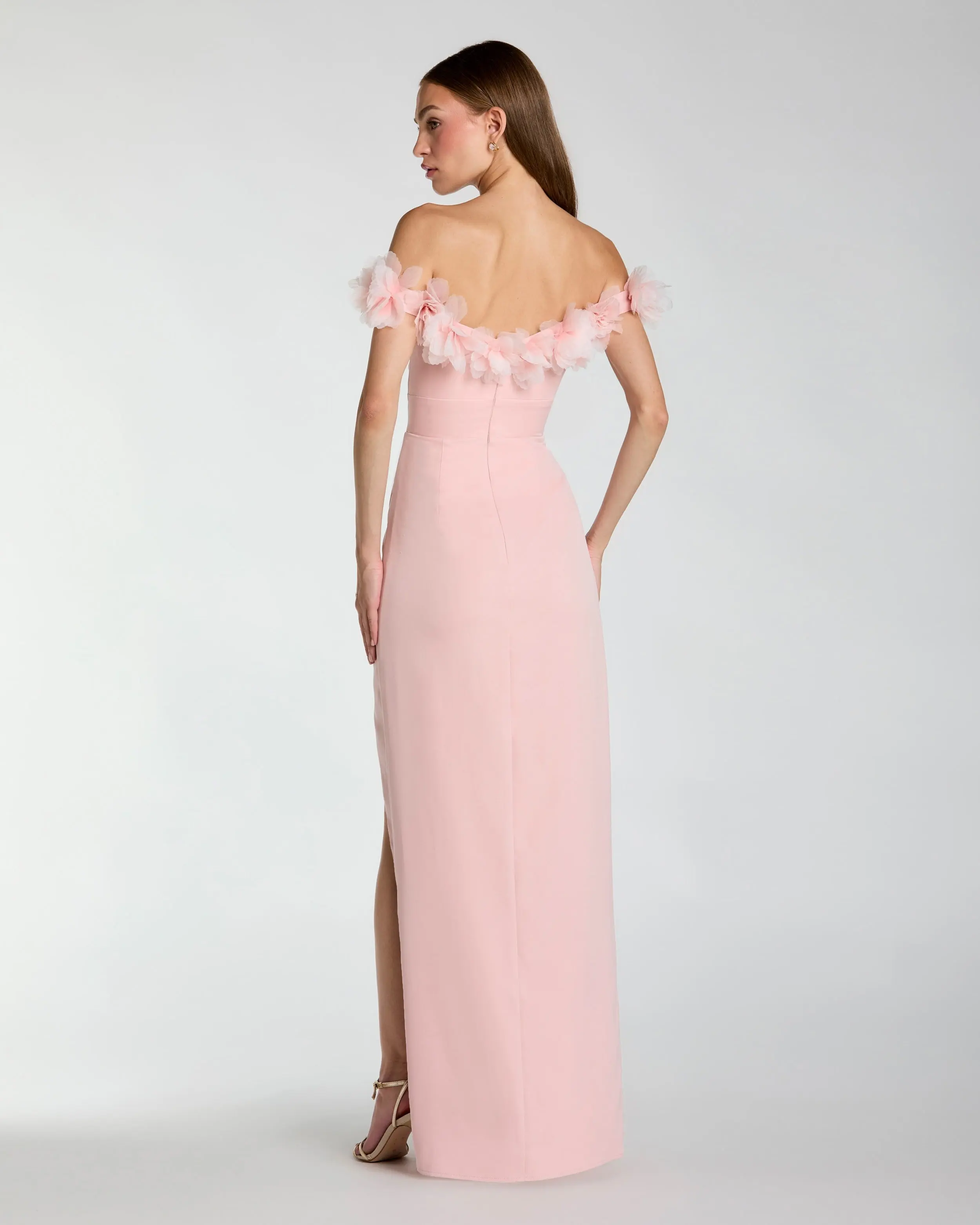 Pink Off The Shoulder Column Gown With 3D Flowers - Image 3