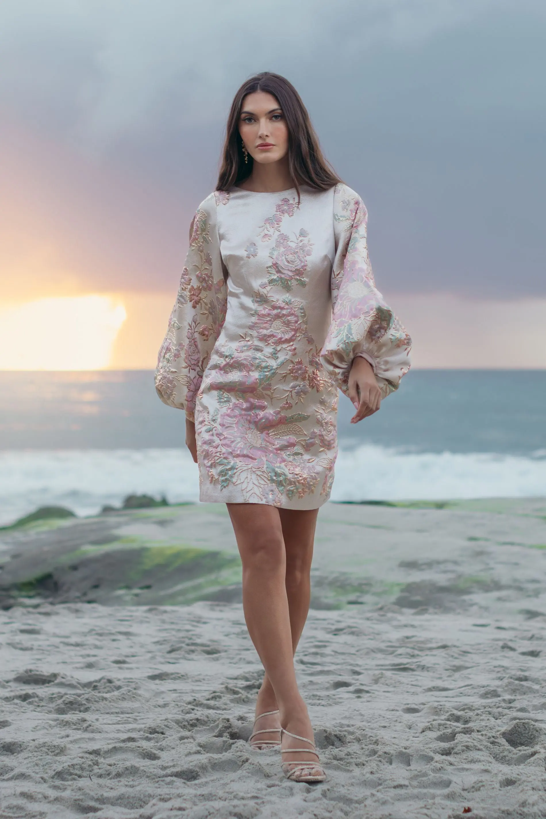 Ivory Brocade High Neck Long Sleeve Mini Dress - Image 4