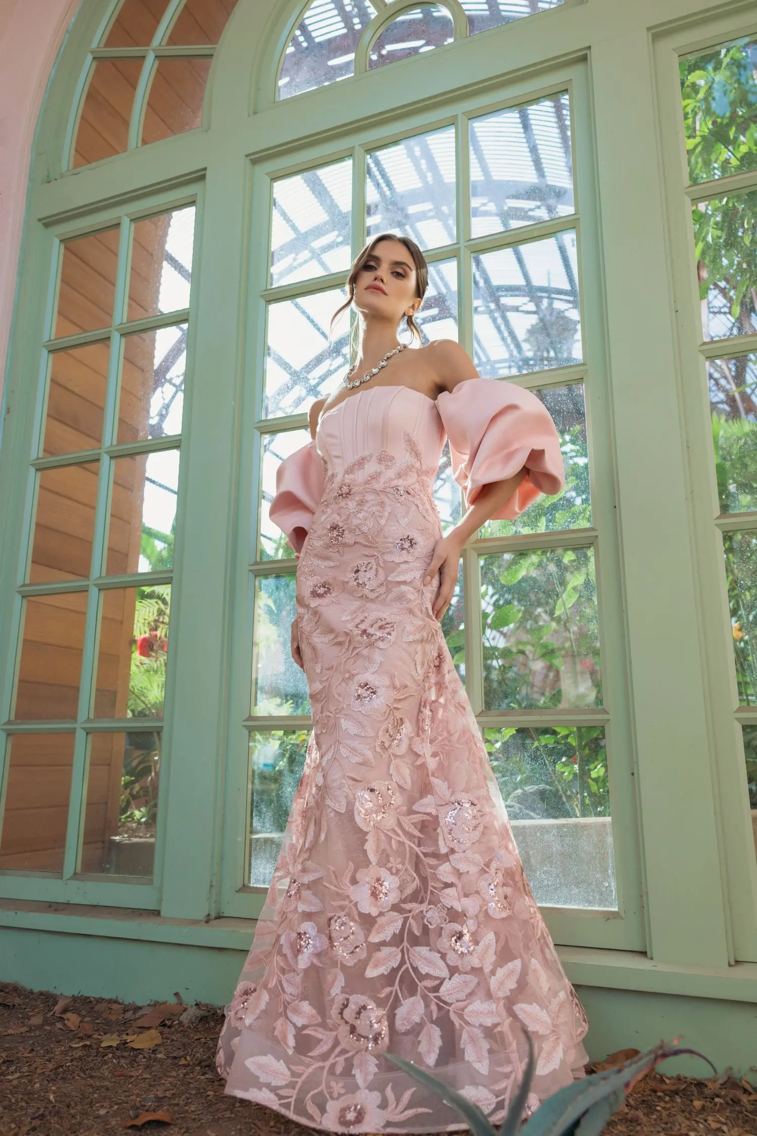 Pink Satin Off The Shoulder Embroidered Mermaid Gown - Image 6