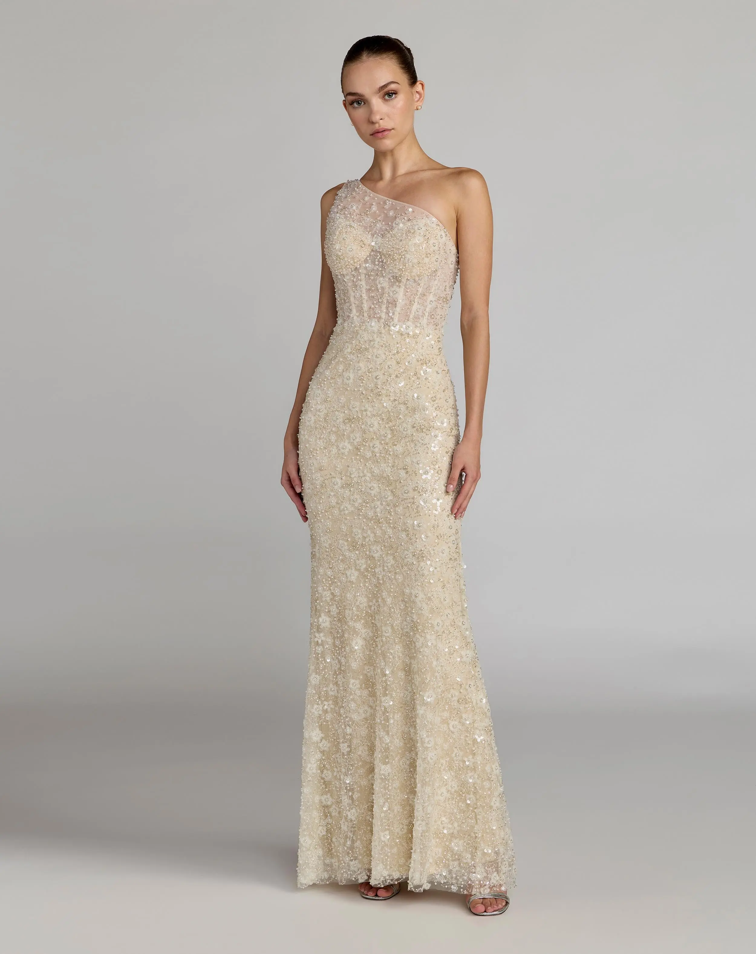 Beige Embellished One Shoulder Column Gown