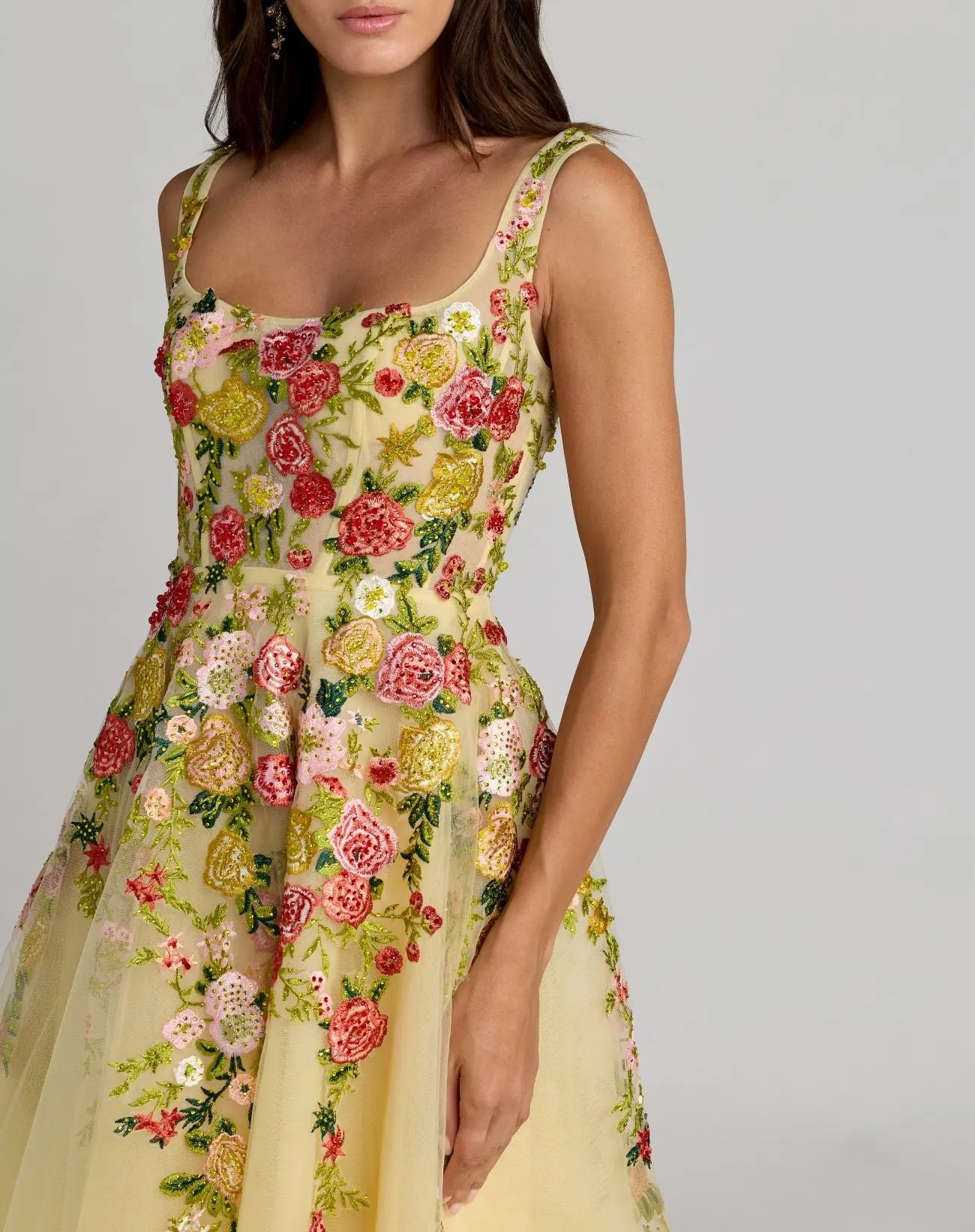 Yellow Embroidered Tulle A-Line Midi Dress - Image 2