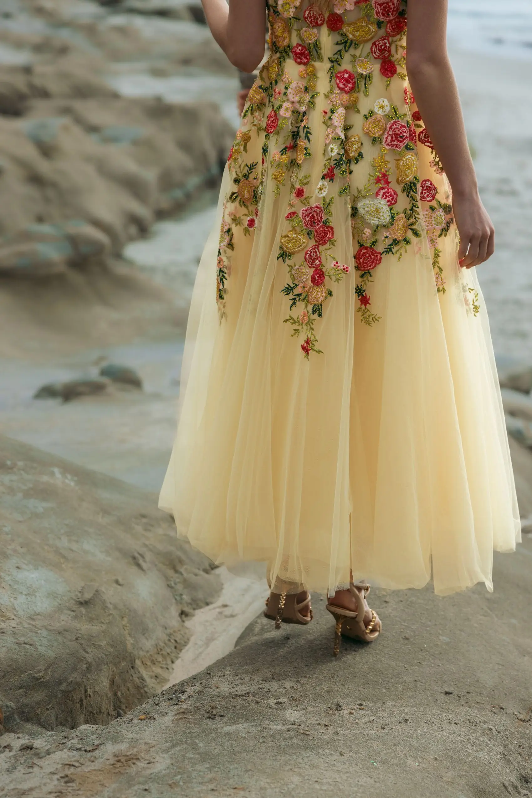 Yellow Embroidered Tulle A-Line Midi Dress - Image 6