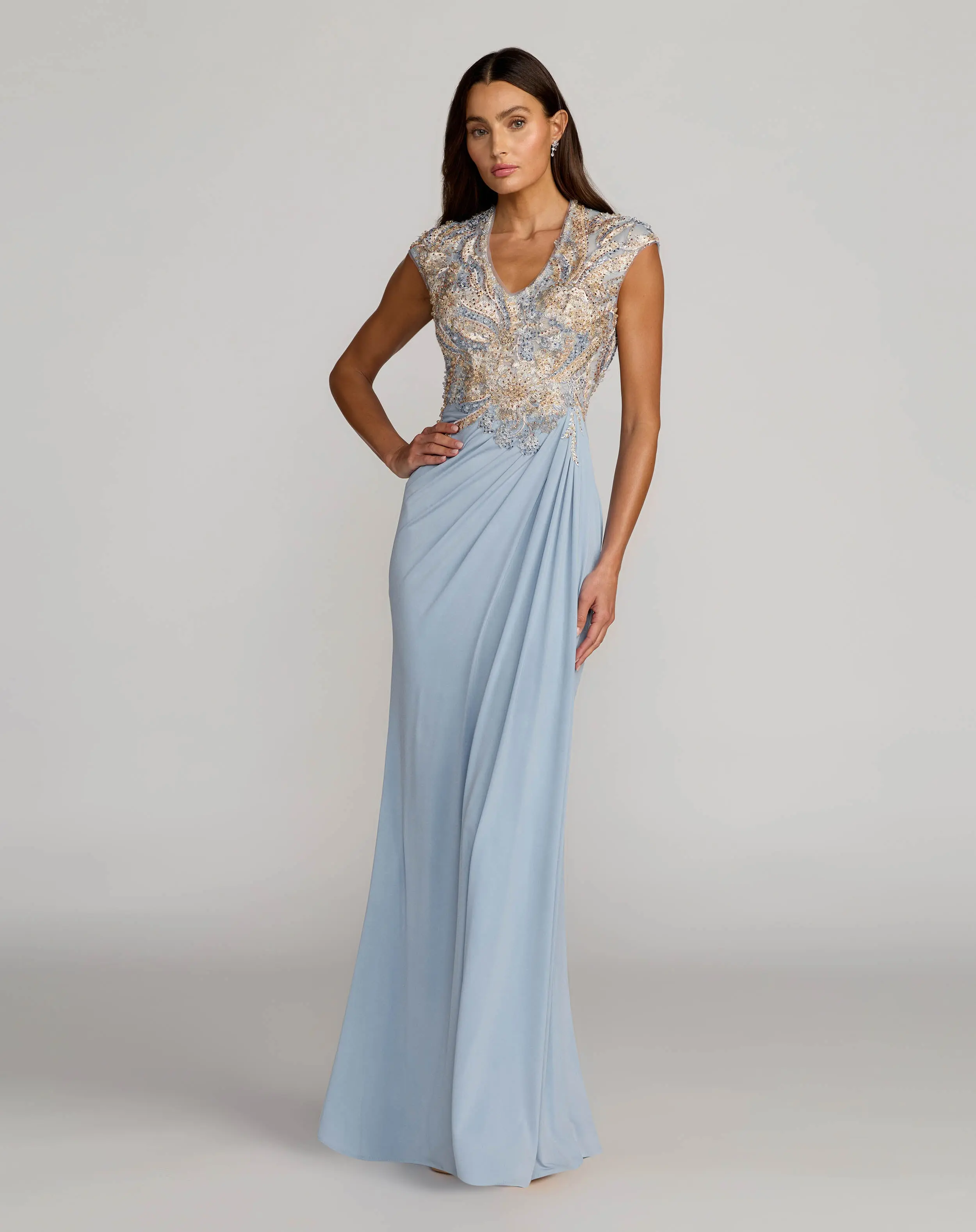 Blue Embroidered V Neck Jersey Draped Gown