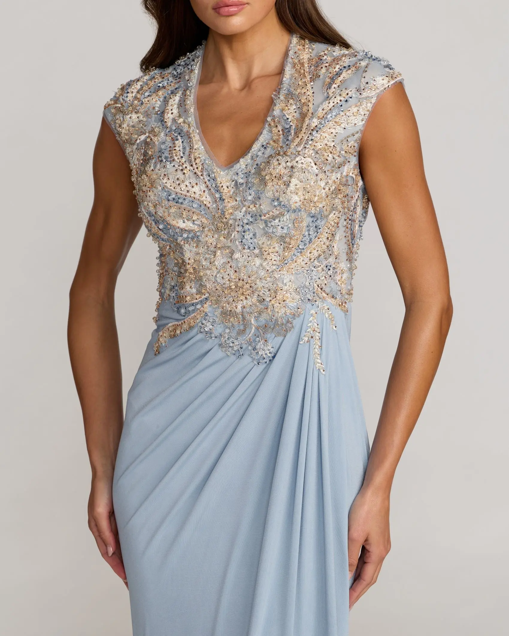 Blue Embroidered V Neck Jersey Draped Gown - Image 3