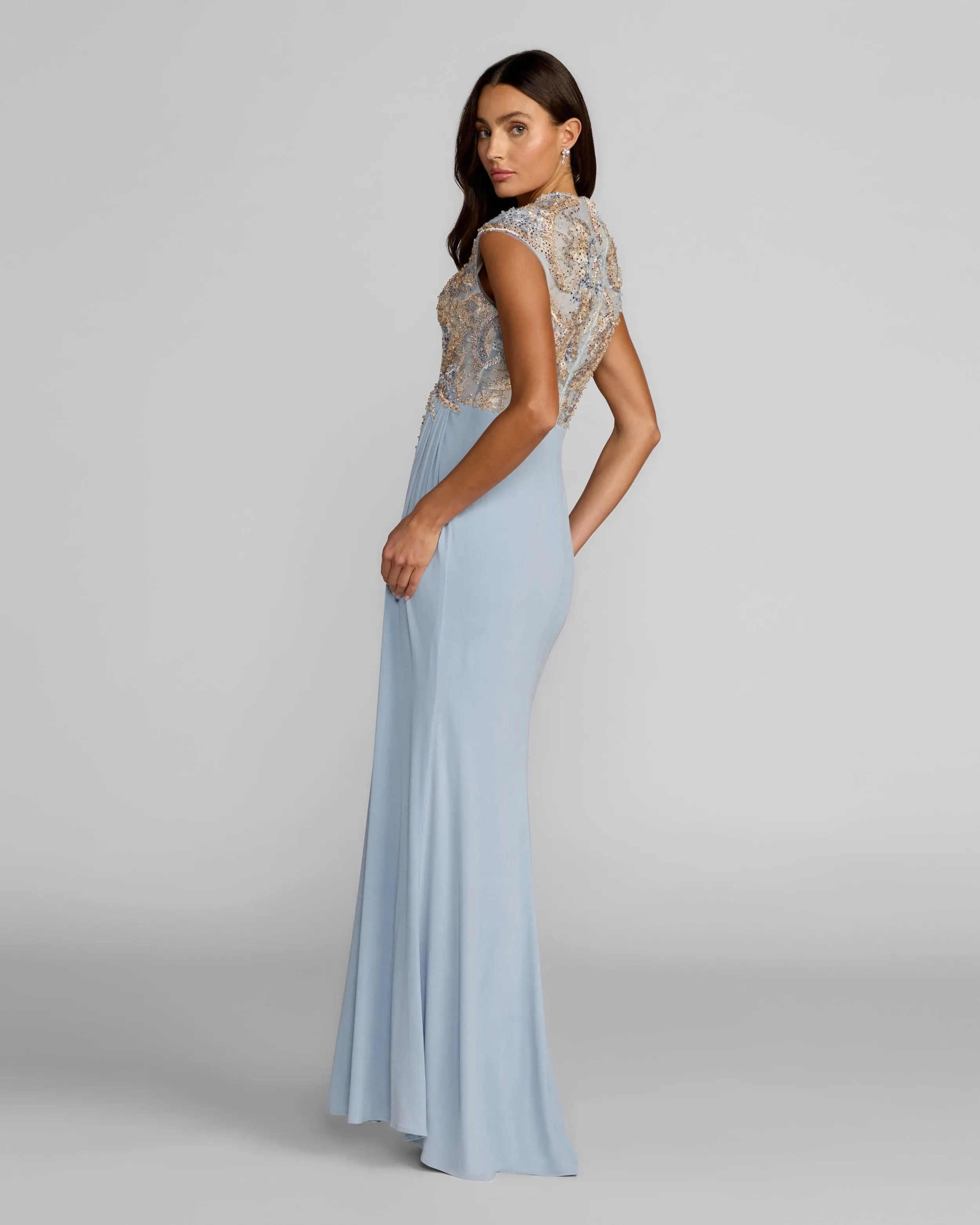 Blue Embroidered V Neck Jersey Draped Gown - Image 4