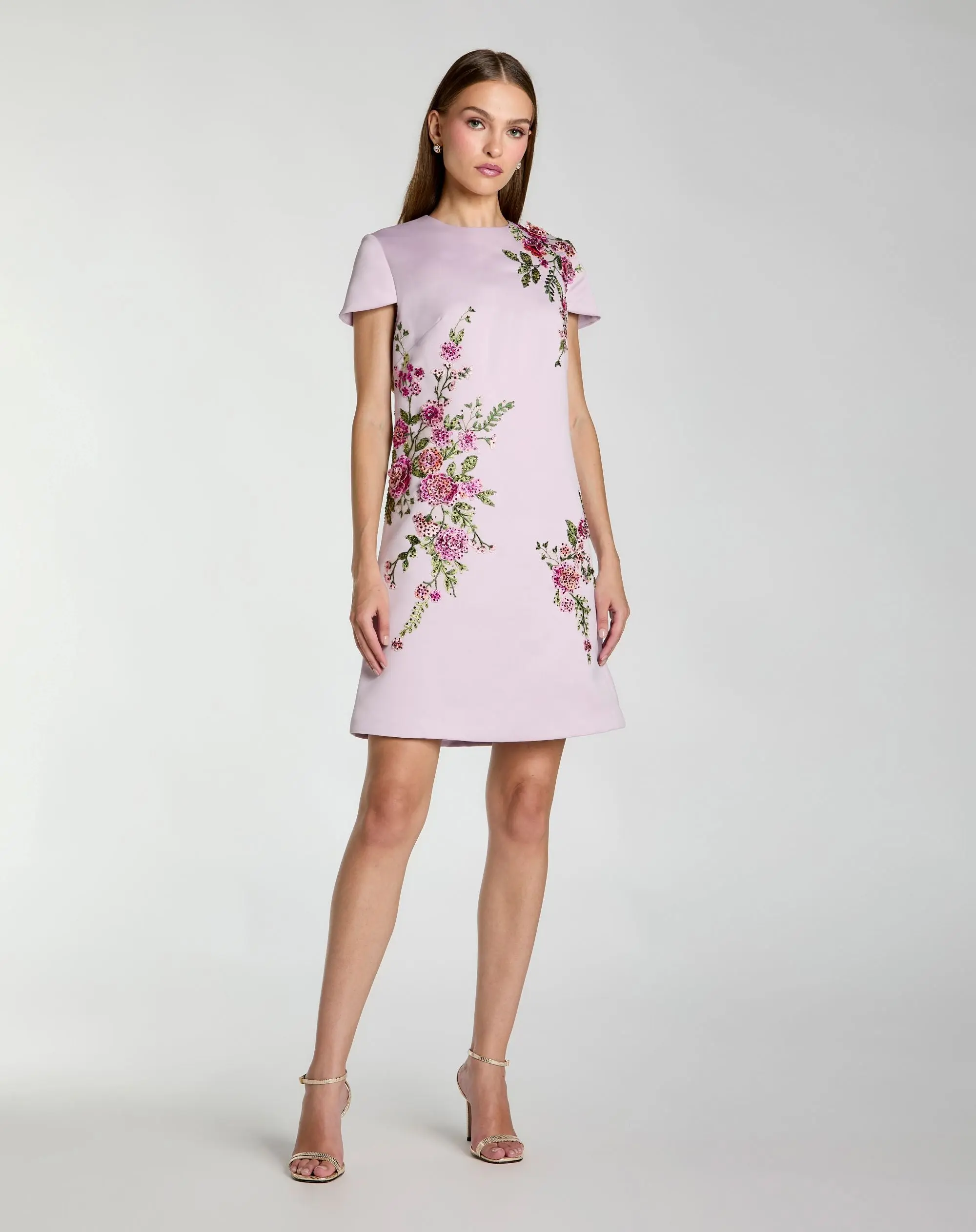 Purple Cap Sleeve Embroidered Satin Mini Dress