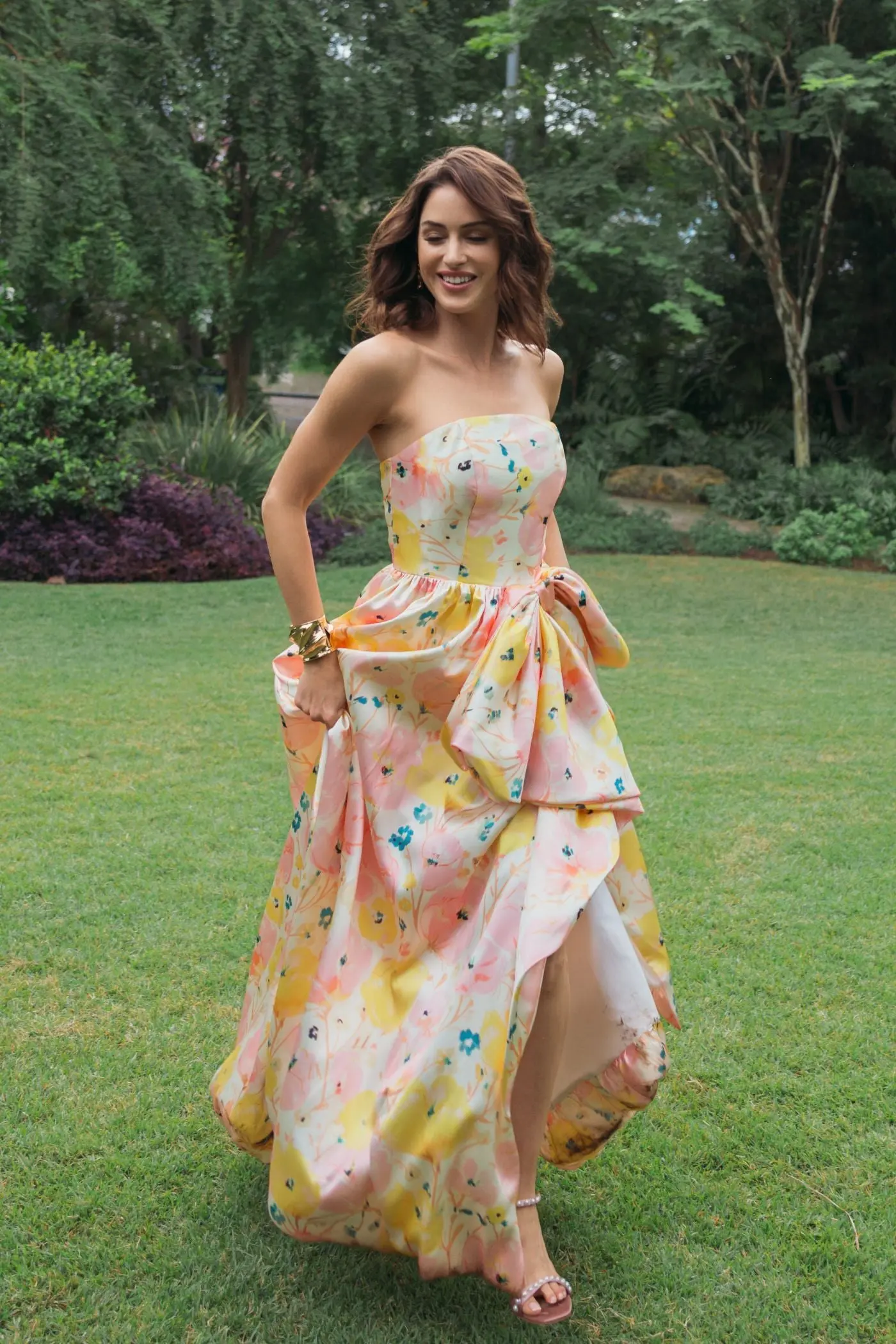 Pink Floral Strapless Bow High Slit Ball Gown - Image 6