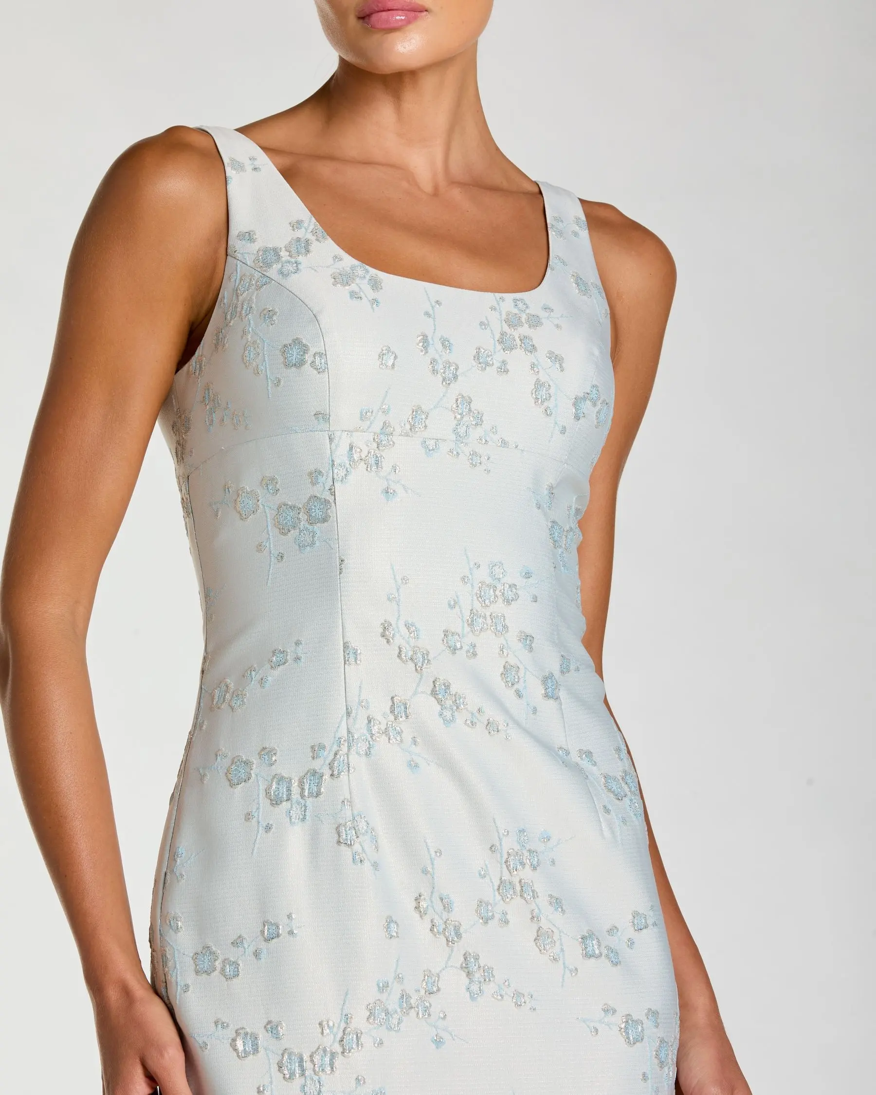 Light Blue Brocade Sleeveless Scoop Neck Midi Dress - Image 2