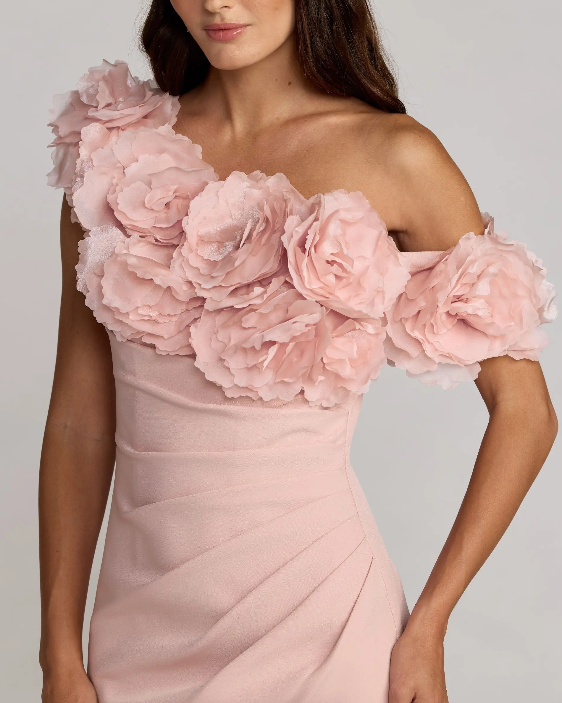 Pink One Shoulder Crepe Gown With 3D Flowers - Image 3