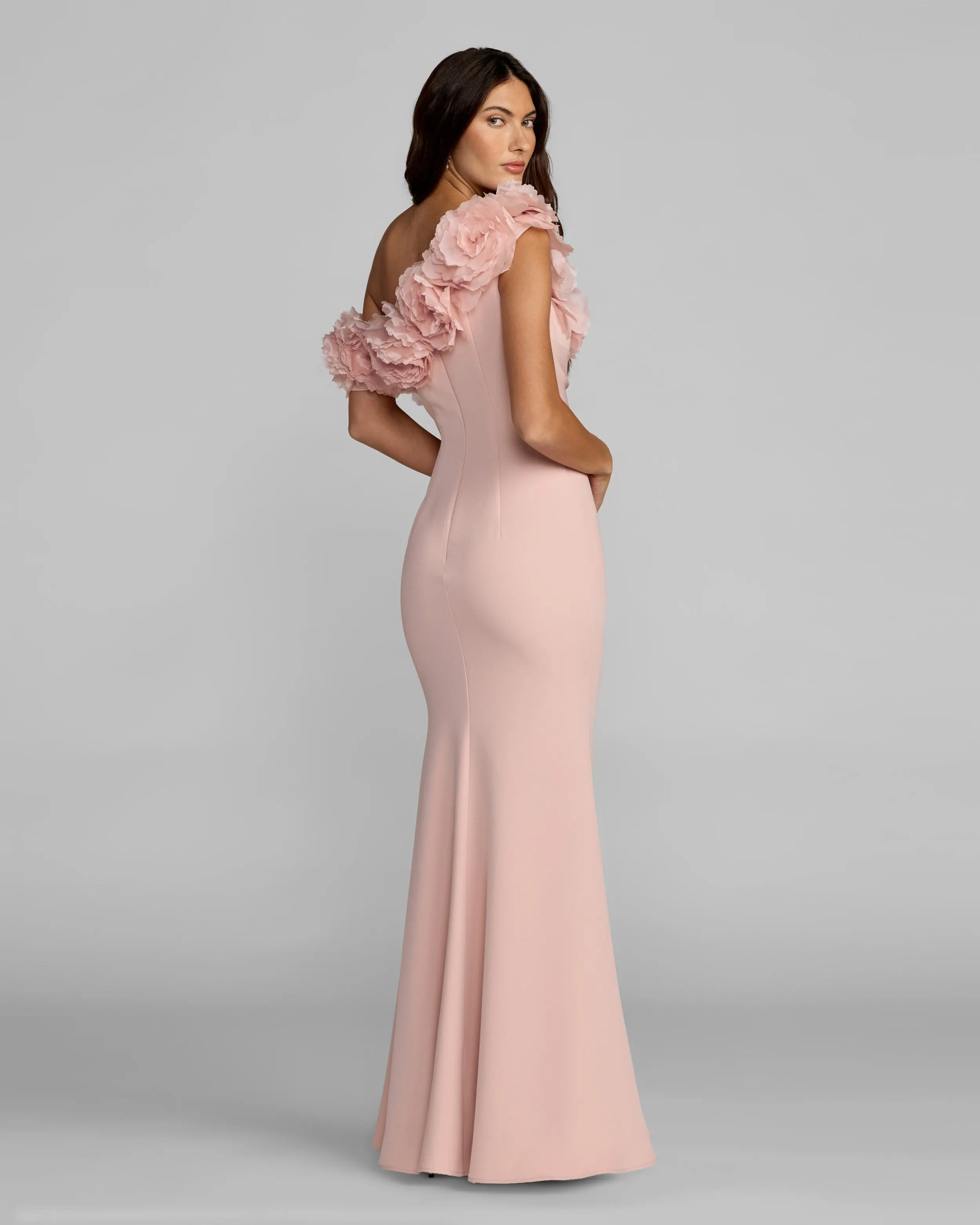 Pink One Shoulder Crepe Gown With 3D Flowers - Image 4