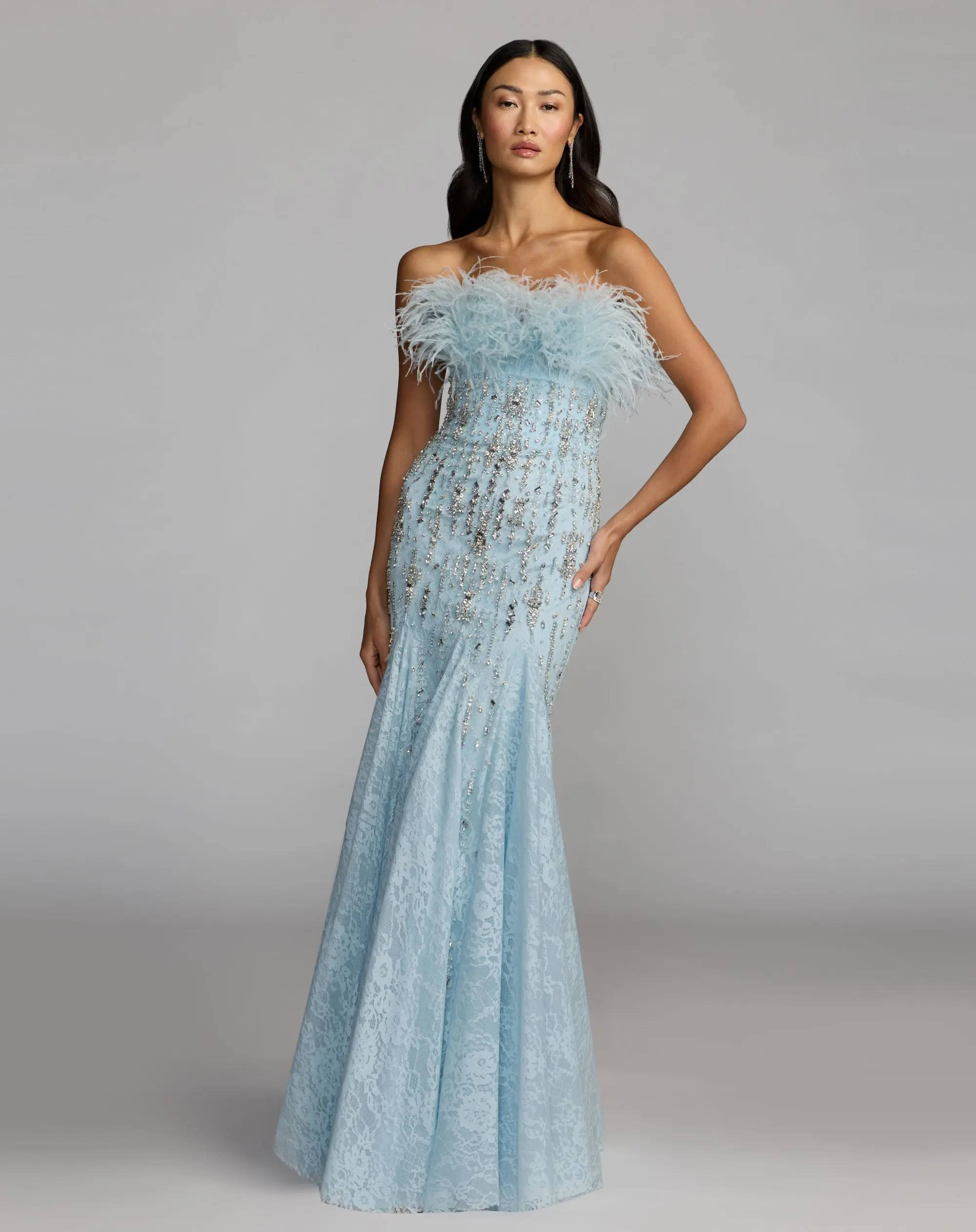 Blue Feather Embellished Strapless Mermaid Gown - Image 4