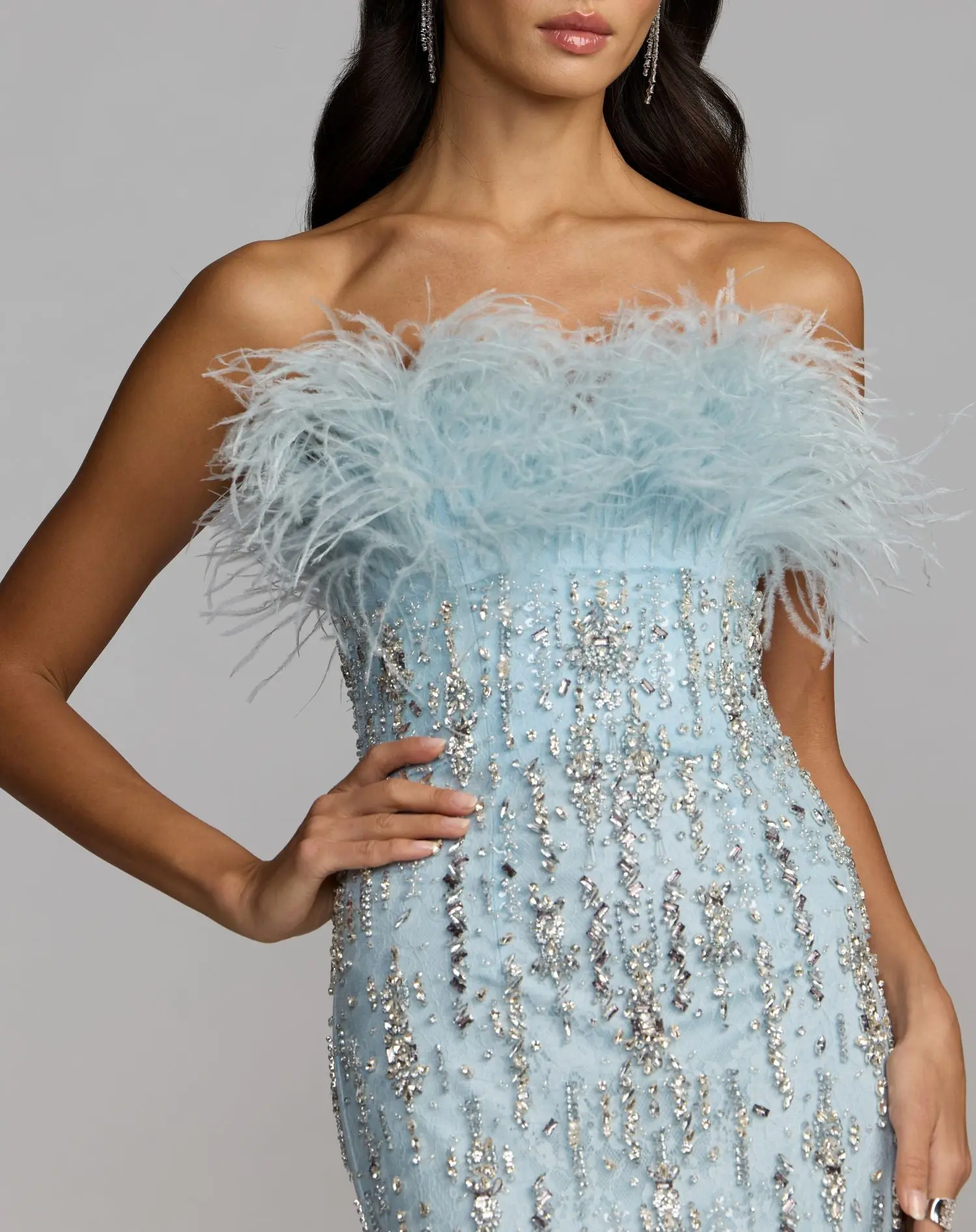 Blue Feather Embellished Strapless Mermaid Gown - Image 5