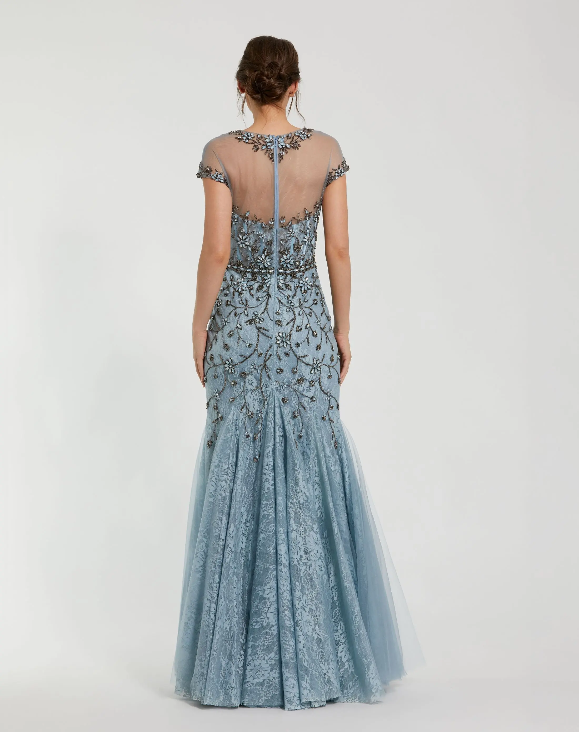 Blue Embellished Lace Evening Gown with Illusion Neckline - Image 3