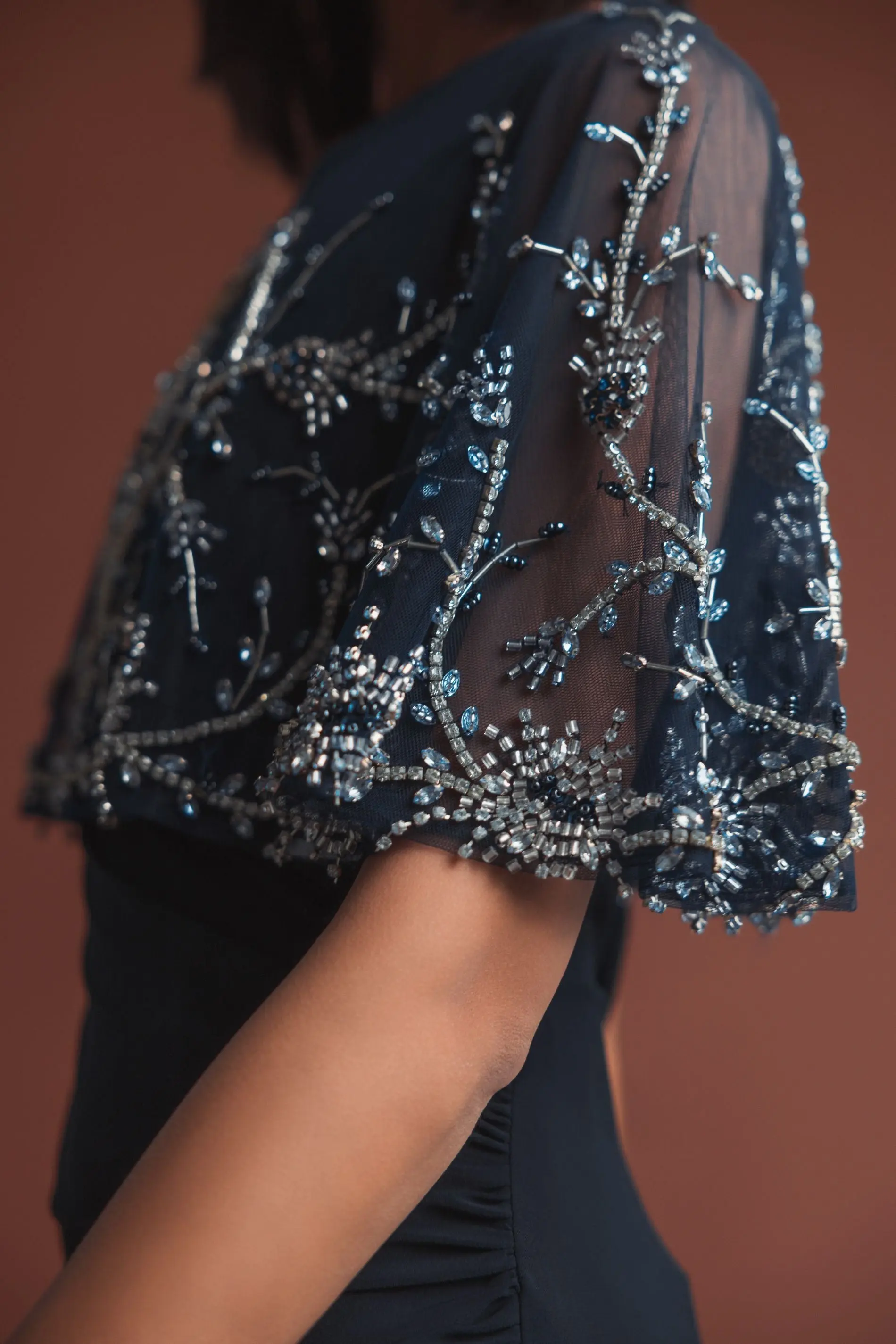 Navy Fitted Jersey Gown with Embellished Cape - Image 5