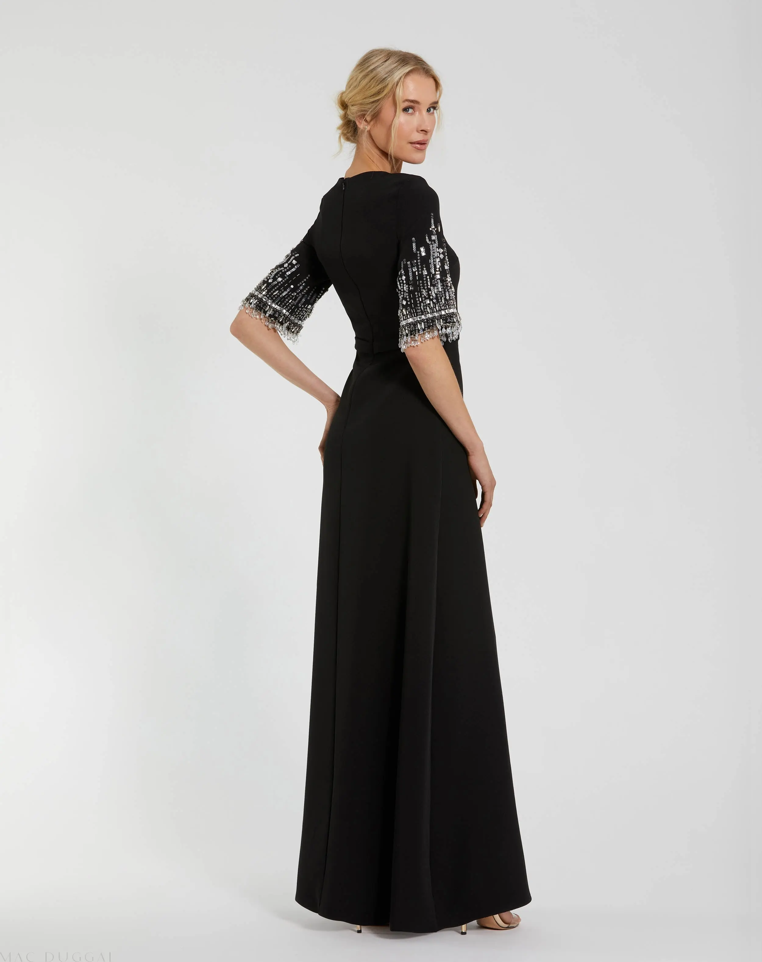 Black Crepe A Line Gown With Beaded 3/4 Sleeves - Image 3