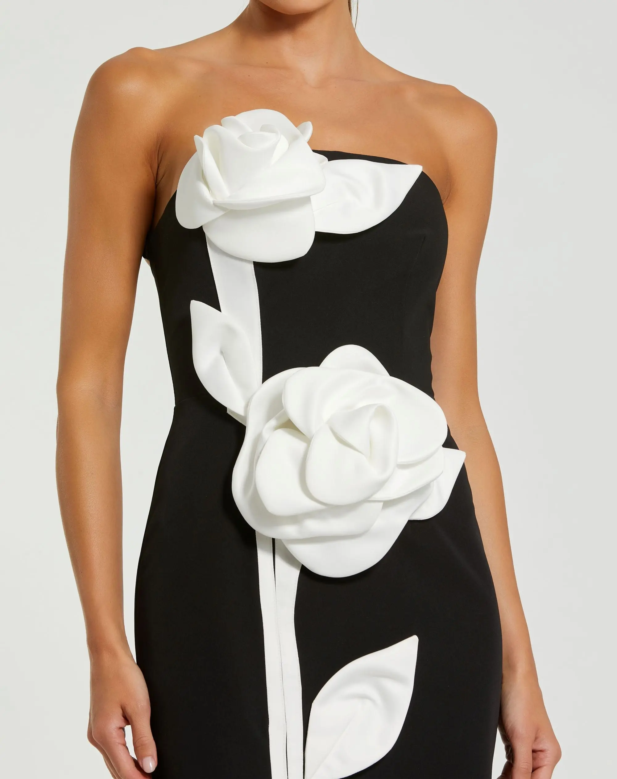 Black Strapless Crepe Dress With 3D Satin Flowers - Image 2