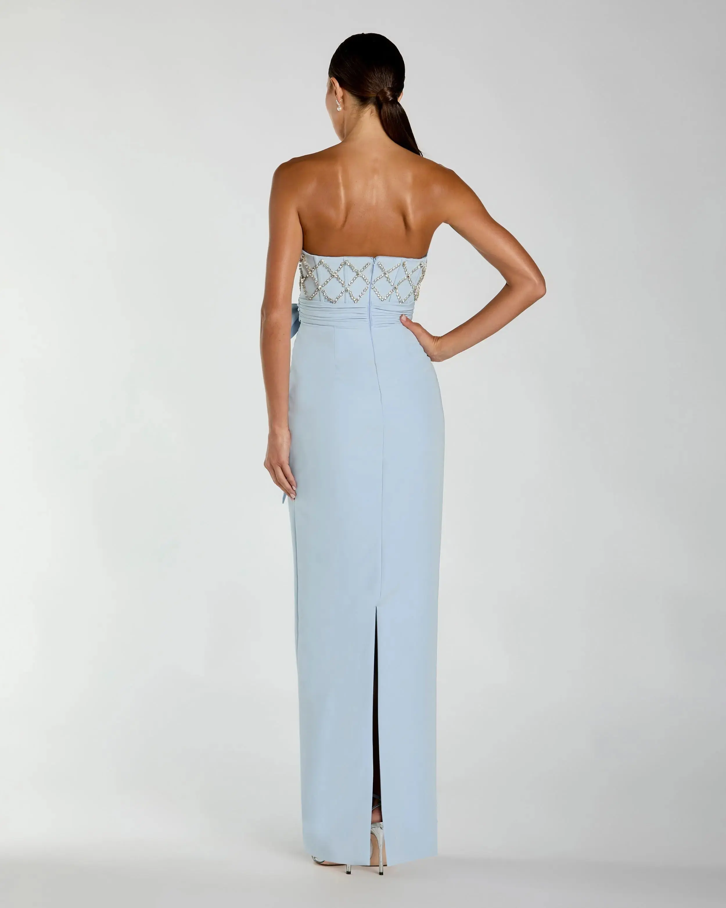 Blue Strapless Embellished Crepe Gown With Bow - Image 3