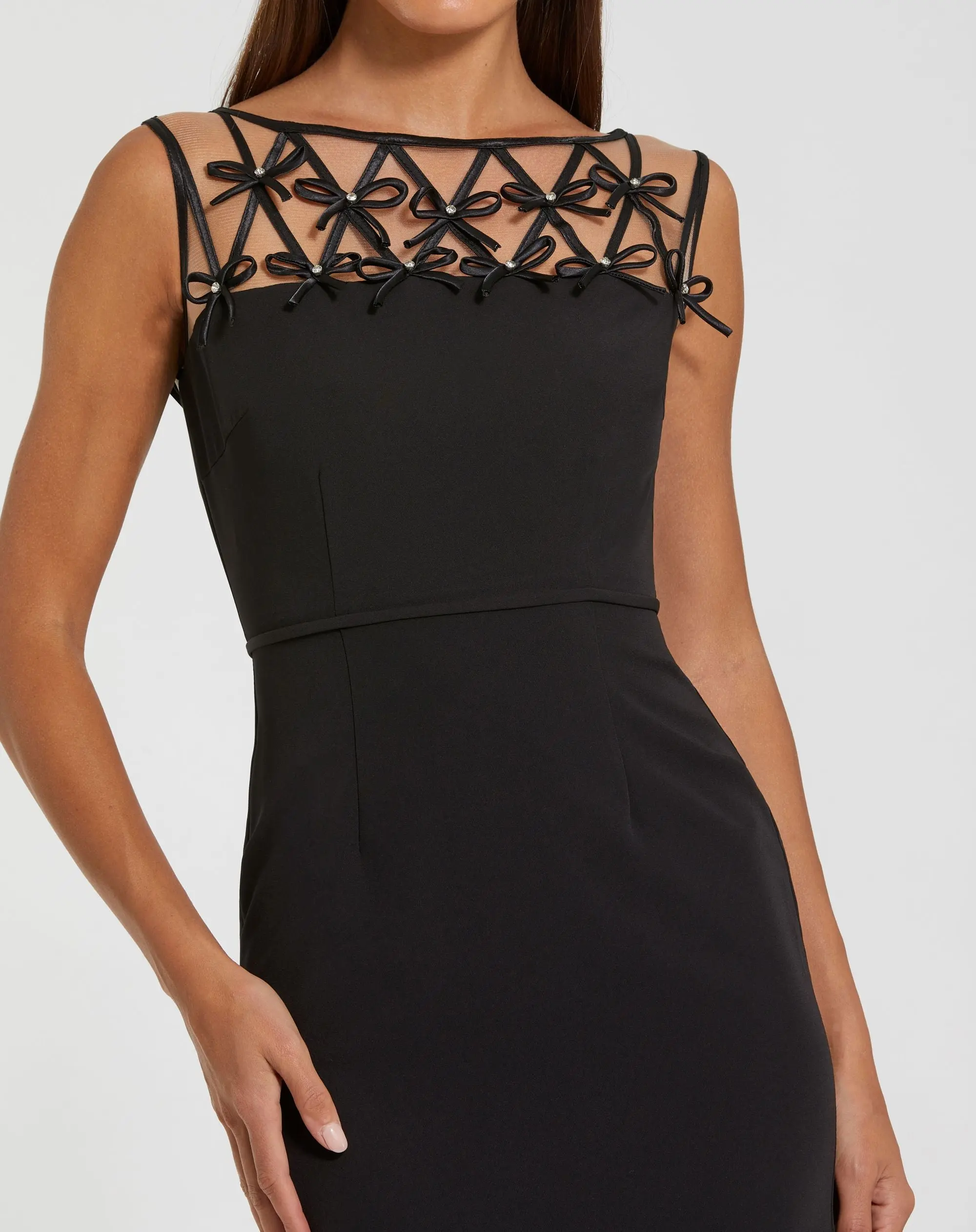 Black Sleeveless Crepe Gown With Embellished Bows - Image 2