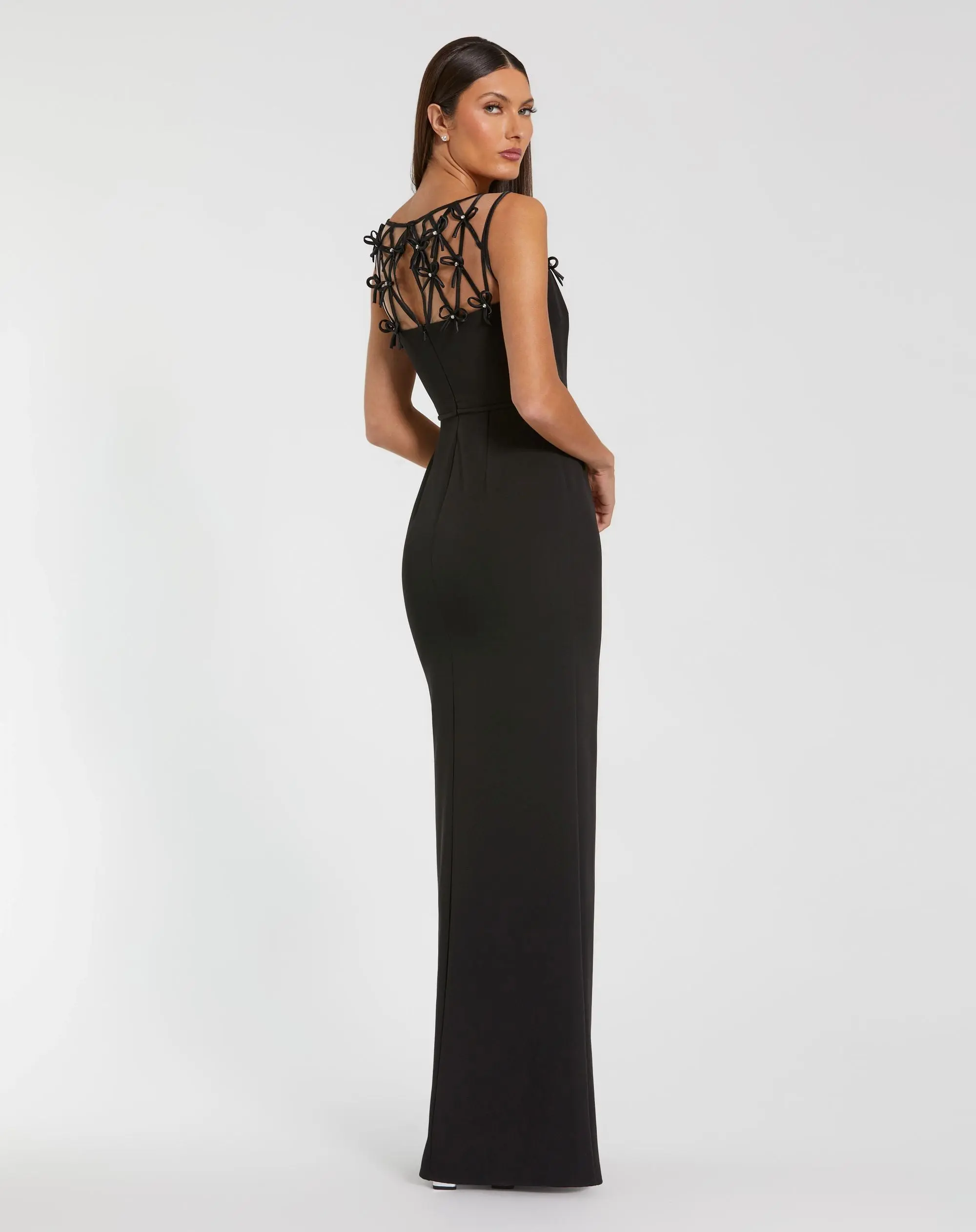 Black Sleeveless Crepe Gown With Embellished Bows - Image 3