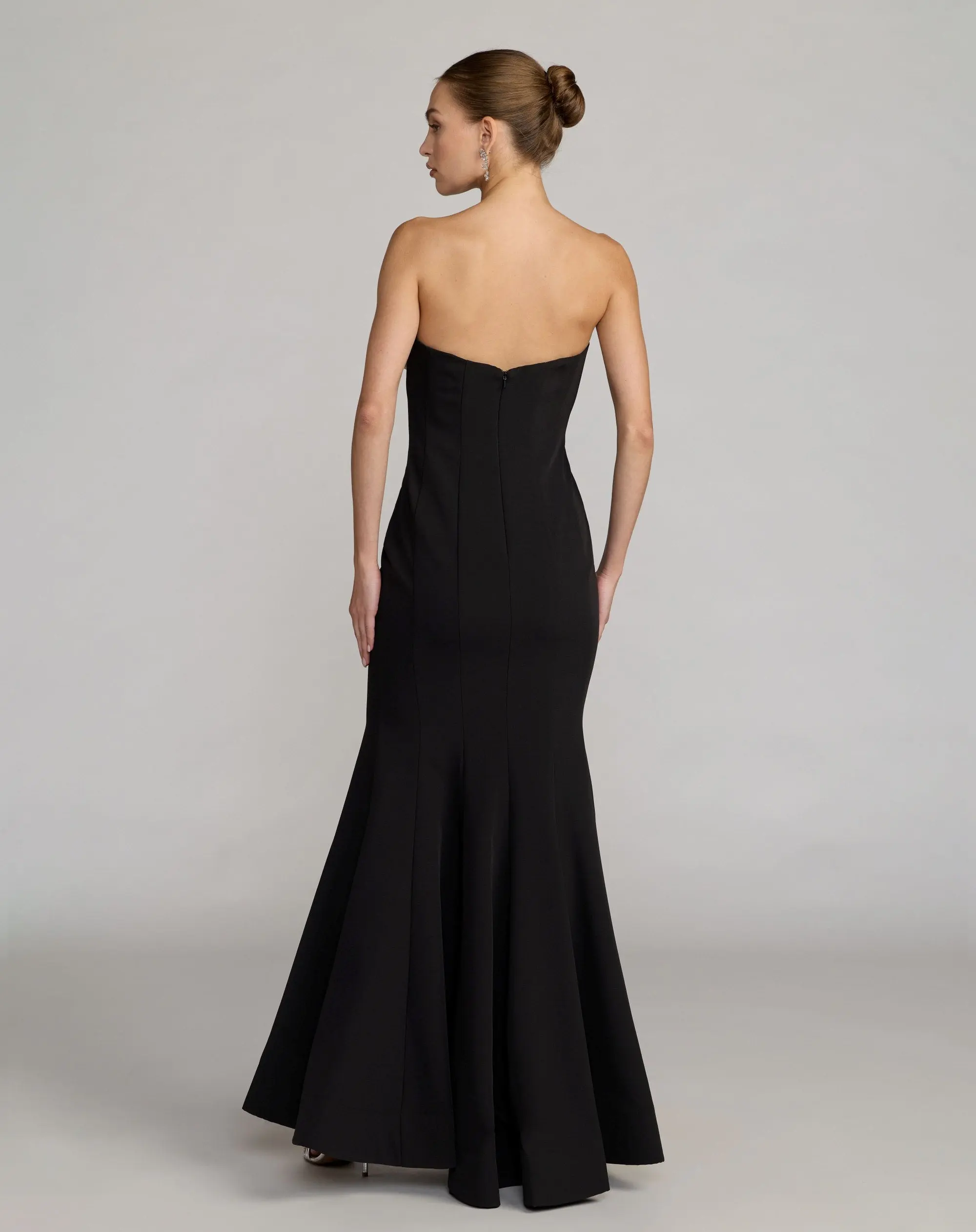 Black Strapless Crepe Mermaid Gown With 3D Flowers - Image 3