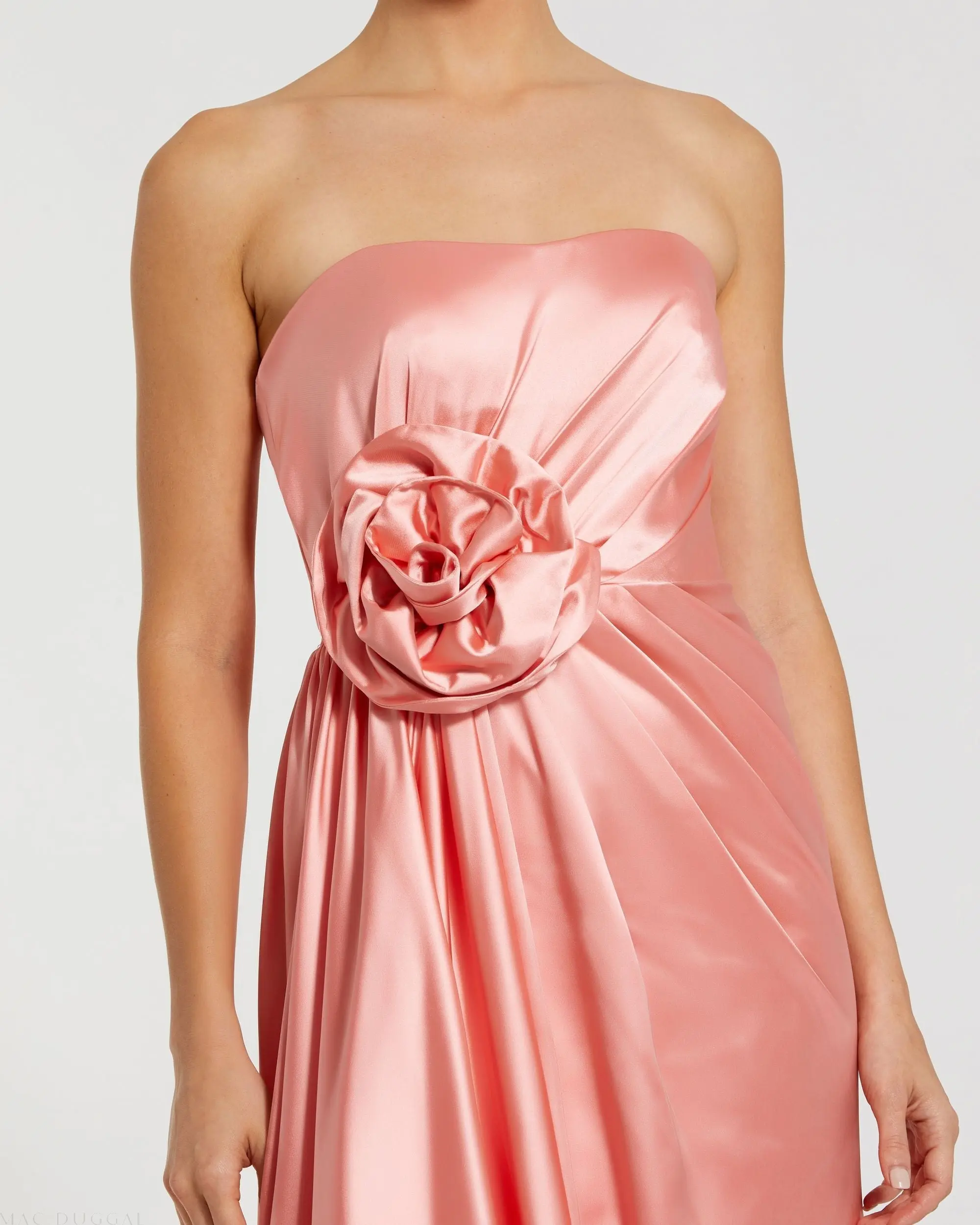 Pink Strapless Satin Gown With 3D Flower - Image 2