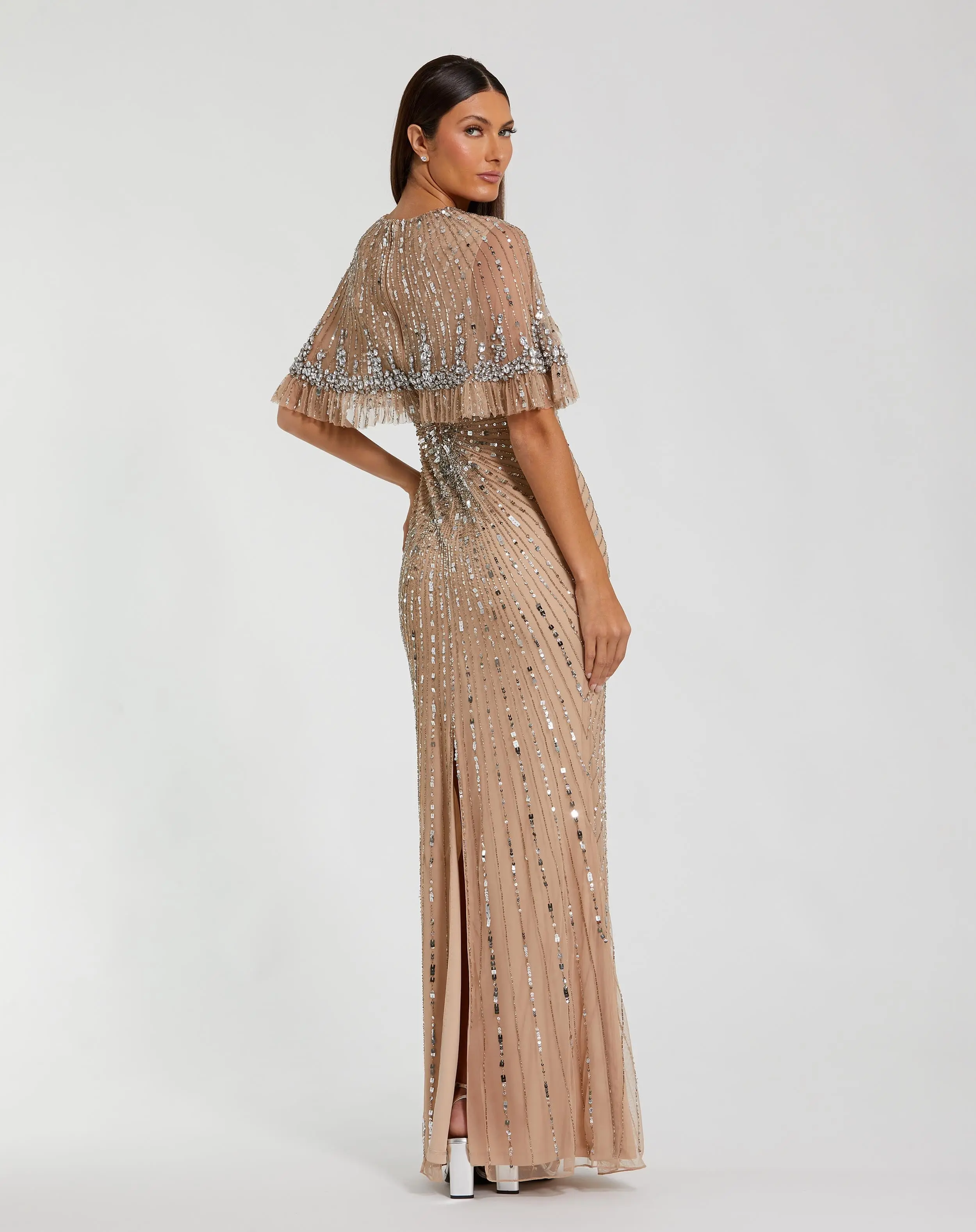 Beige Embellished Mesh Fitted Gown With Capelet - Image 3