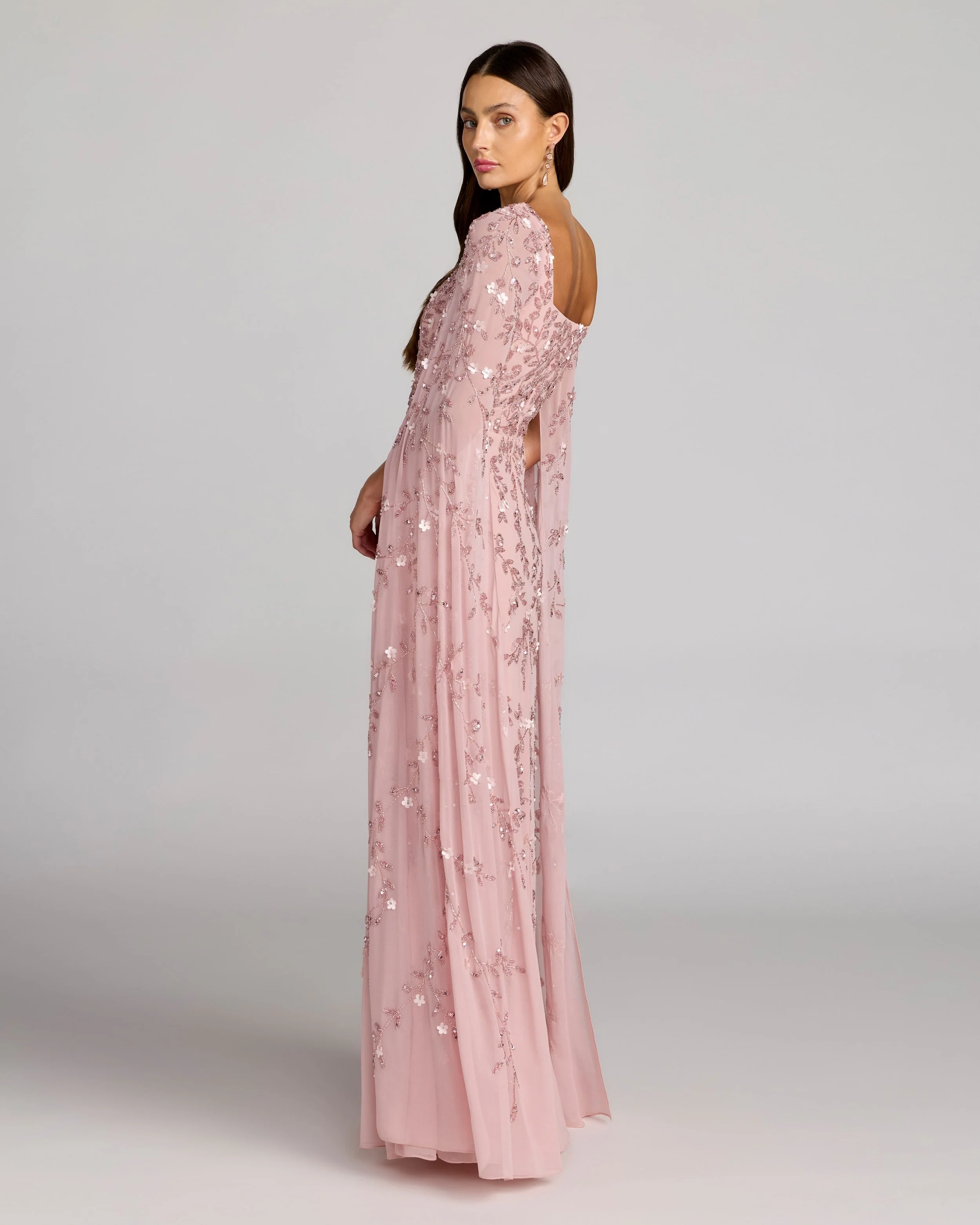 Pink Floral Embellished Cape Sleeve Gown - Image 3