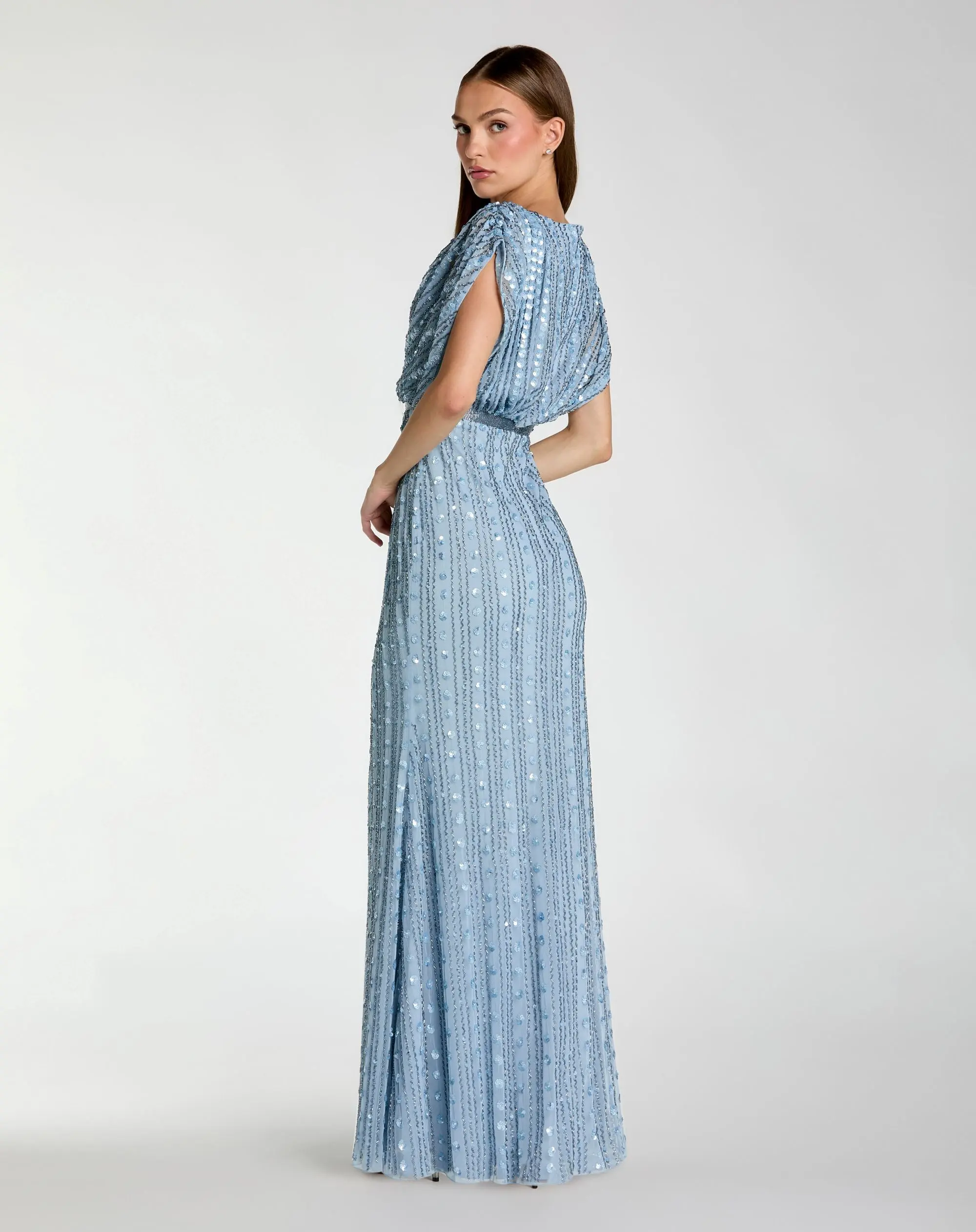Blue Embellished Blouson V Neck Column Gown - Image 3