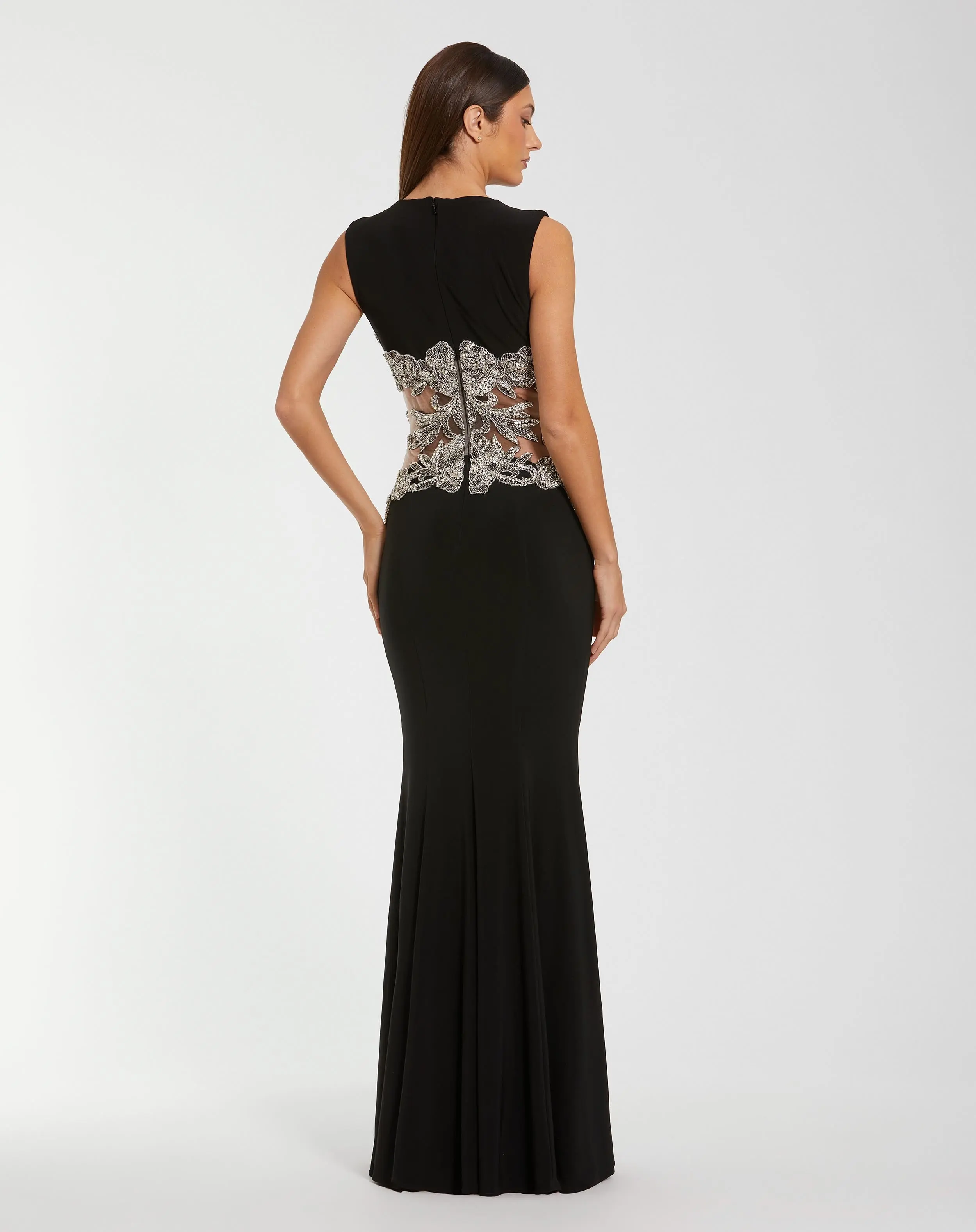 Black Sleeveless Jersey Gown With Beaded Waist Detail - Image 3