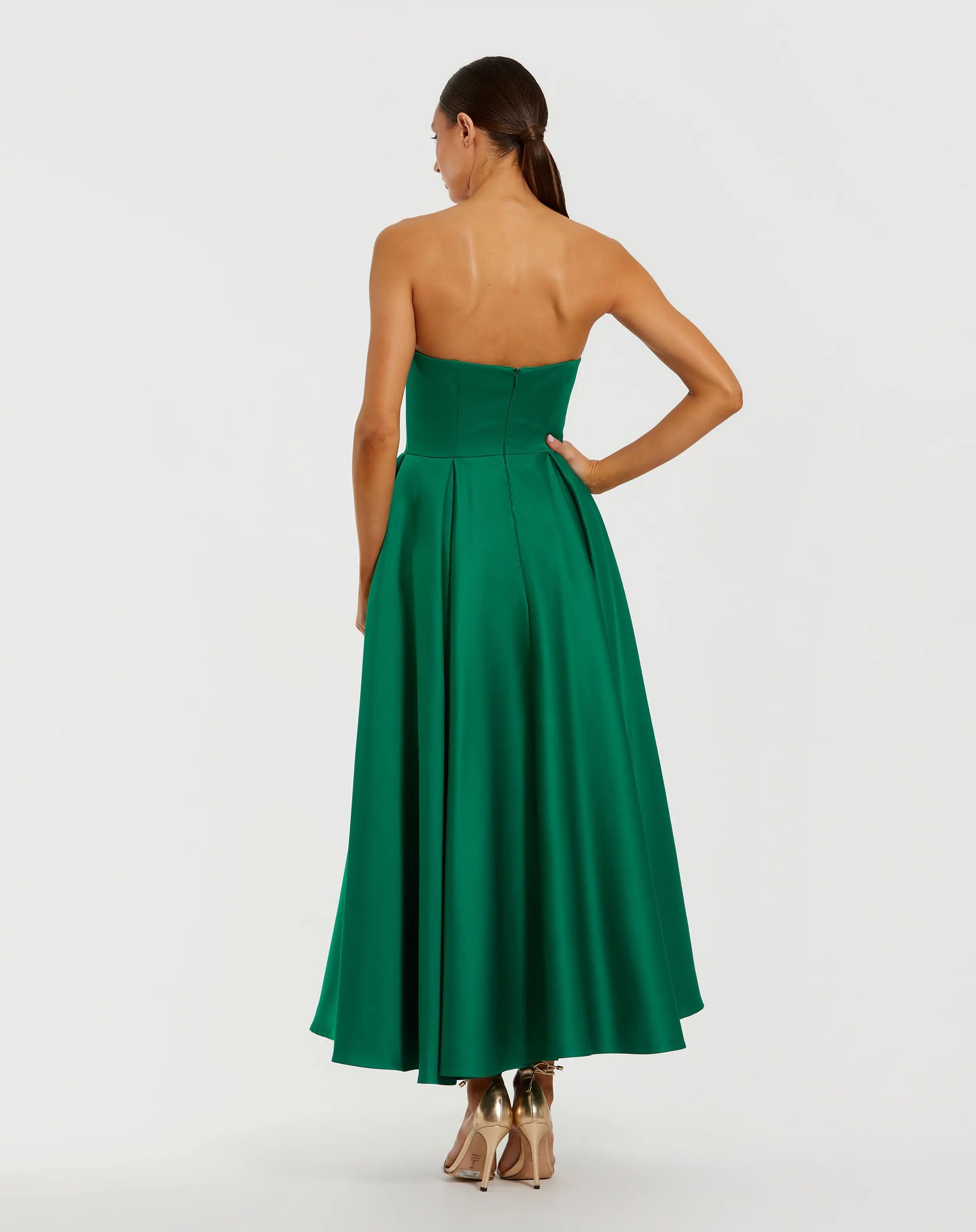 Green Strapless Satin A Line Midi Dress With 3D Flower - Image 3