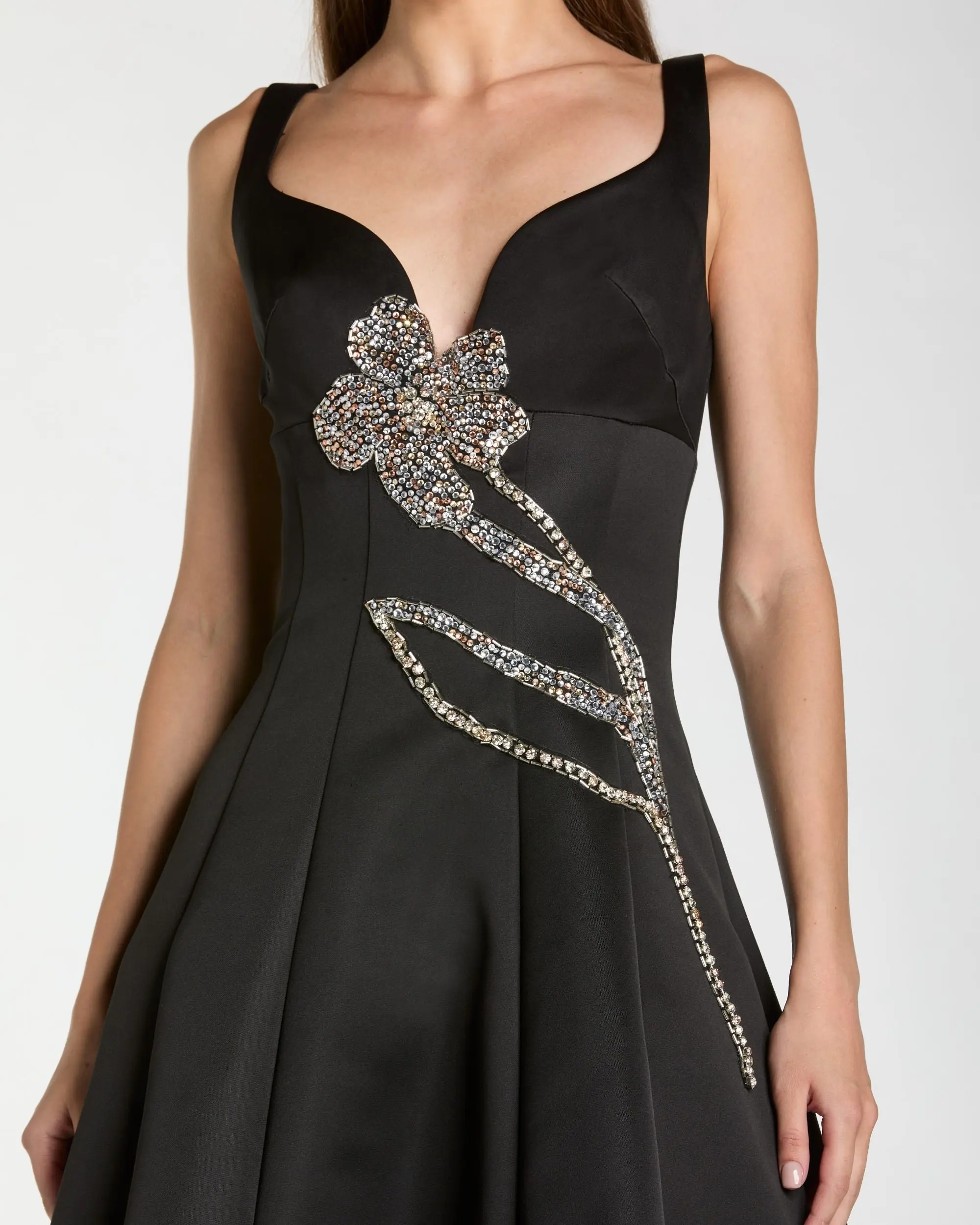 Black A-Line Midi Dress With Embellished Flower - Image 2