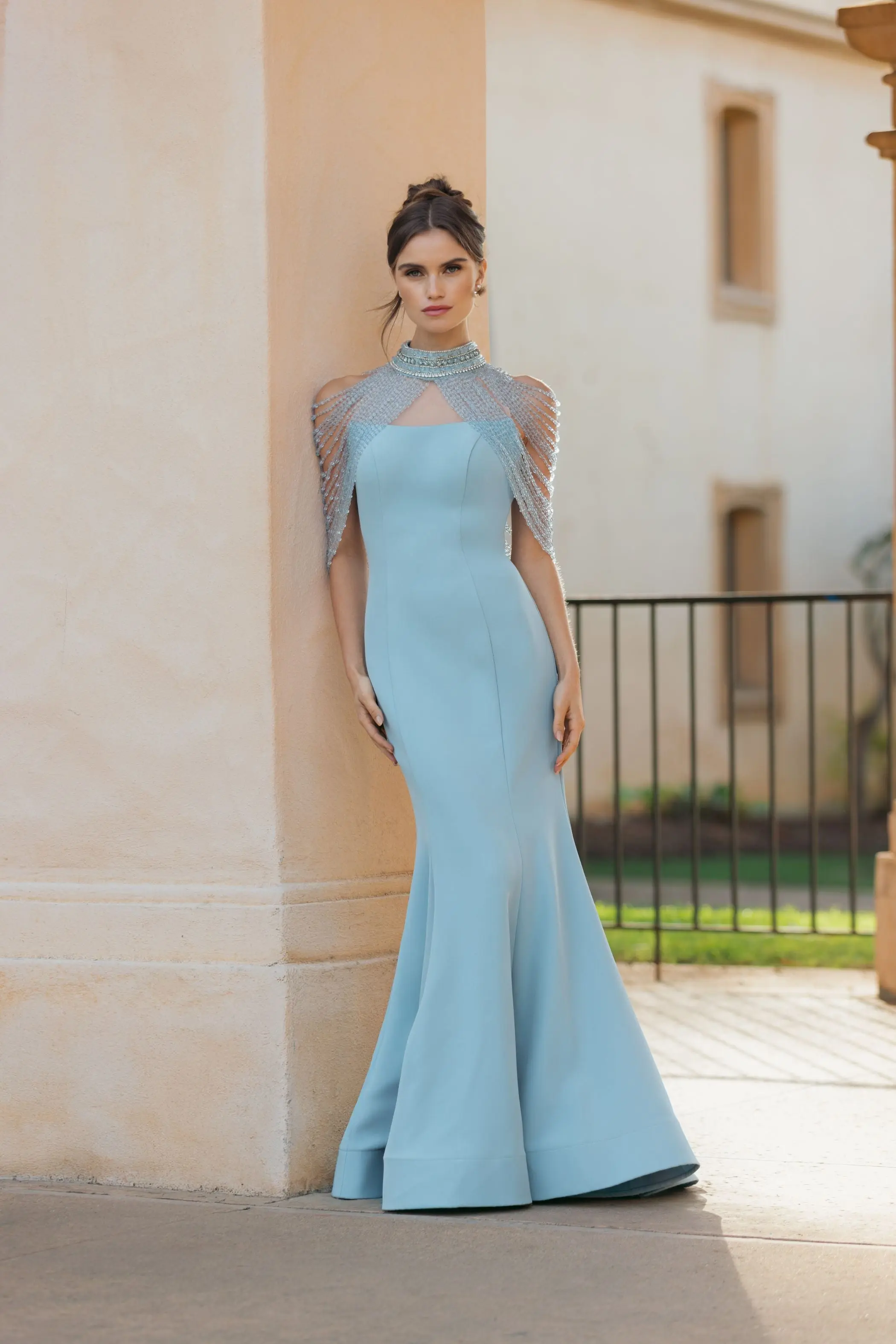 Blue Crepe Mermaid Gown With Crystal Draping - Image 4