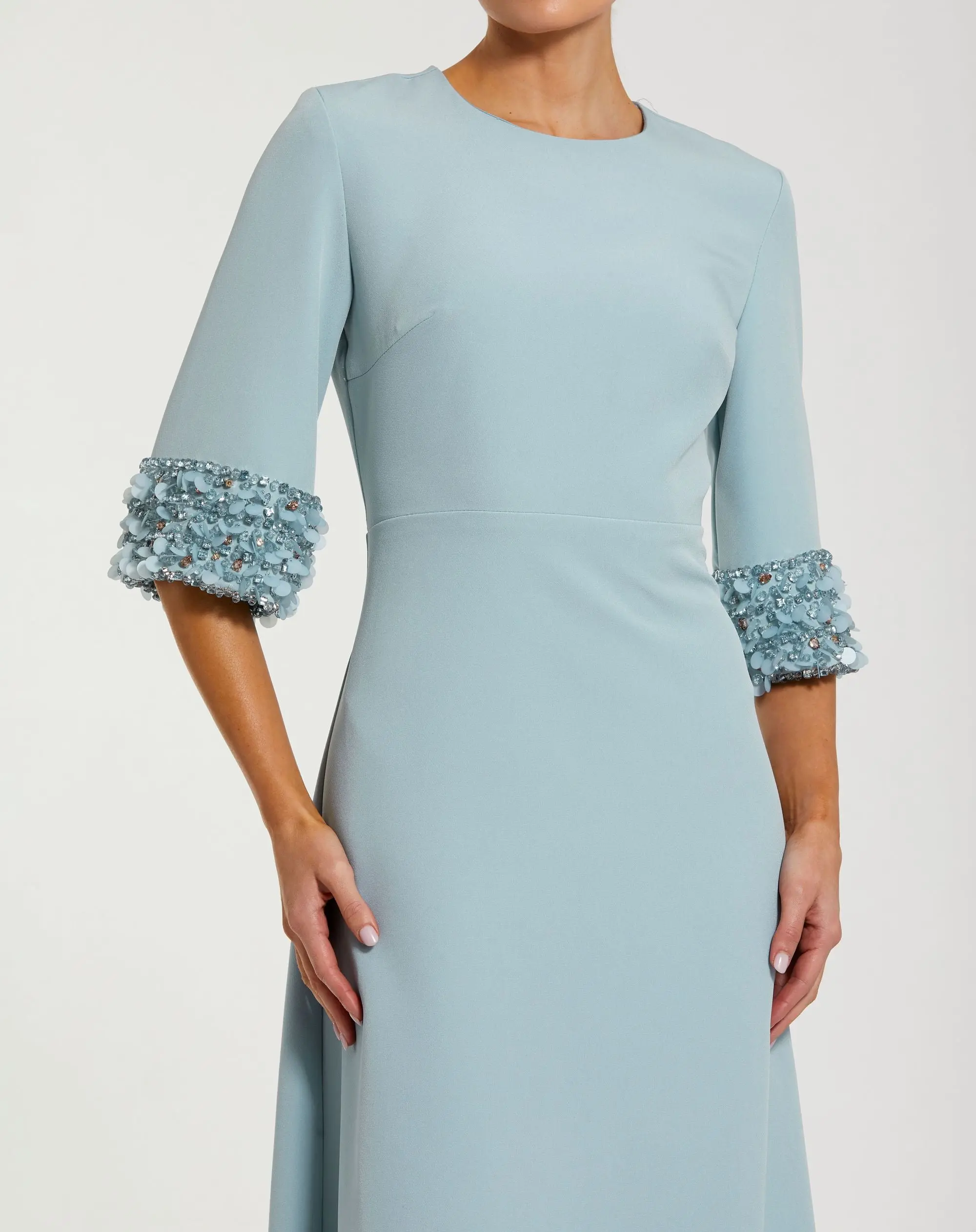 Blue A-Line Crepe Gown With Embellished 3/4 Sleeves - Image 2