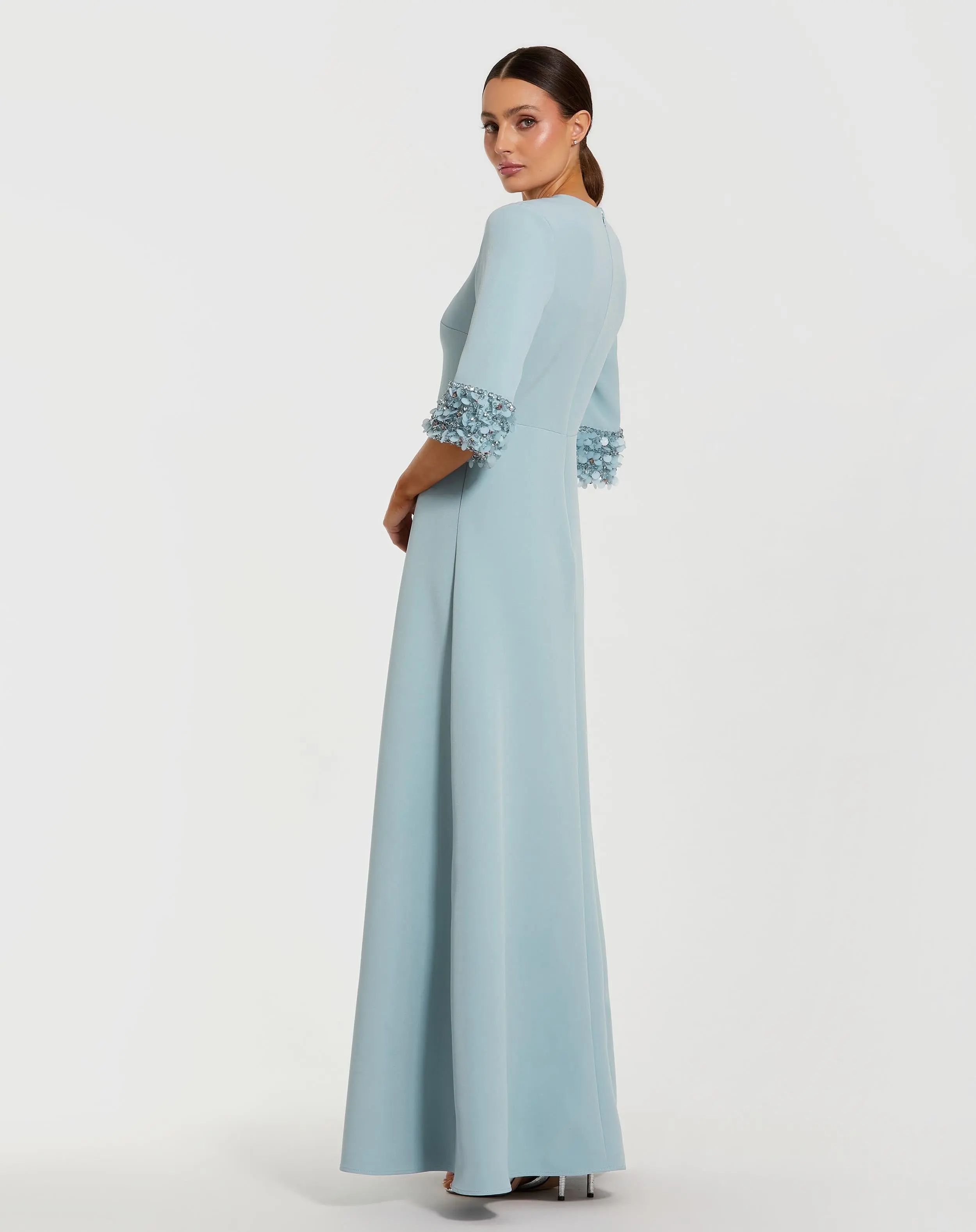Blue A-Line Crepe Gown With Embellished 3/4 Sleeves - Image 3