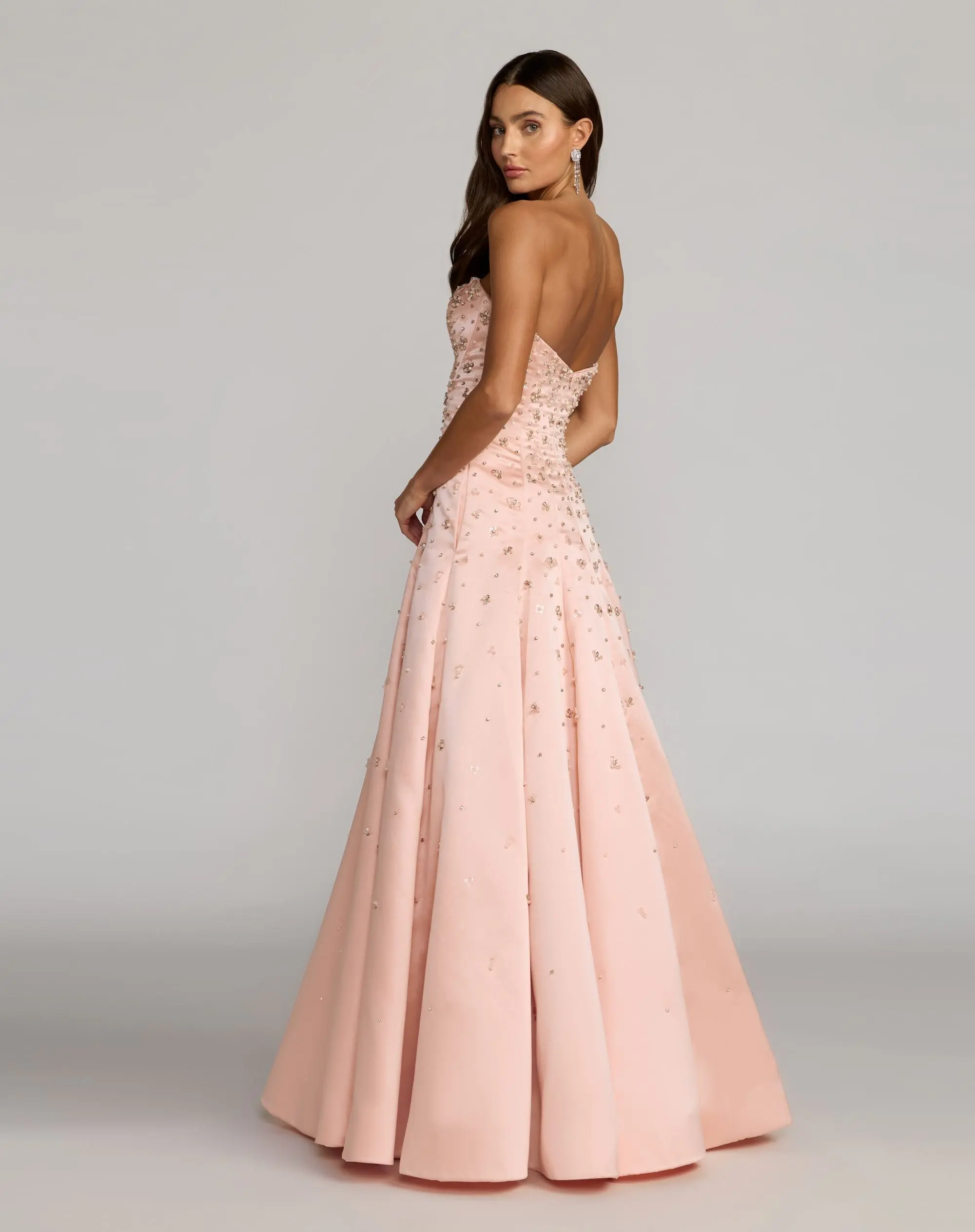 Pink Strapless Embellished Satin Ball Gown With Pockets - Image 4