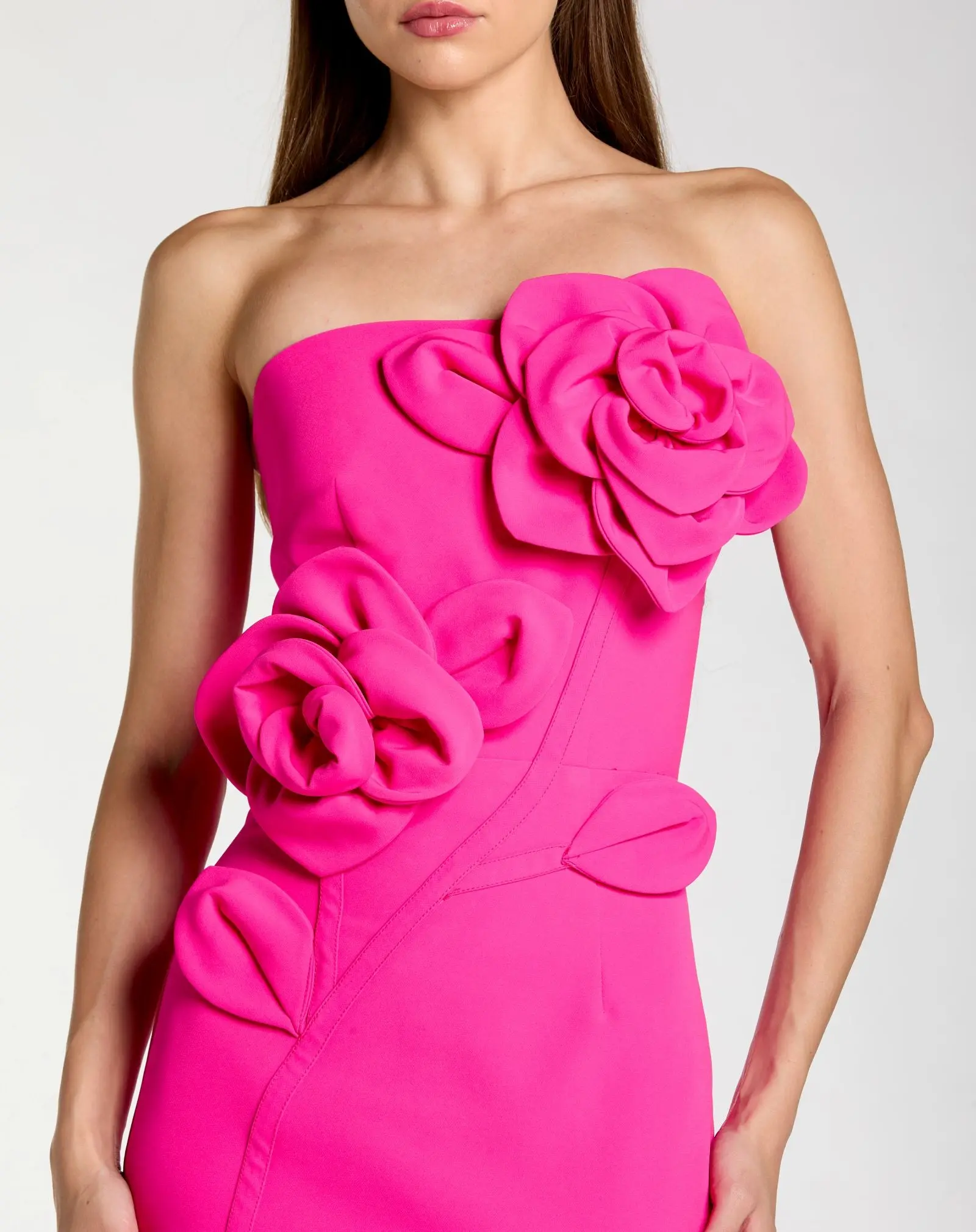 Pink Strapless Crepe Dress With 3D Flower Detail - Image 2