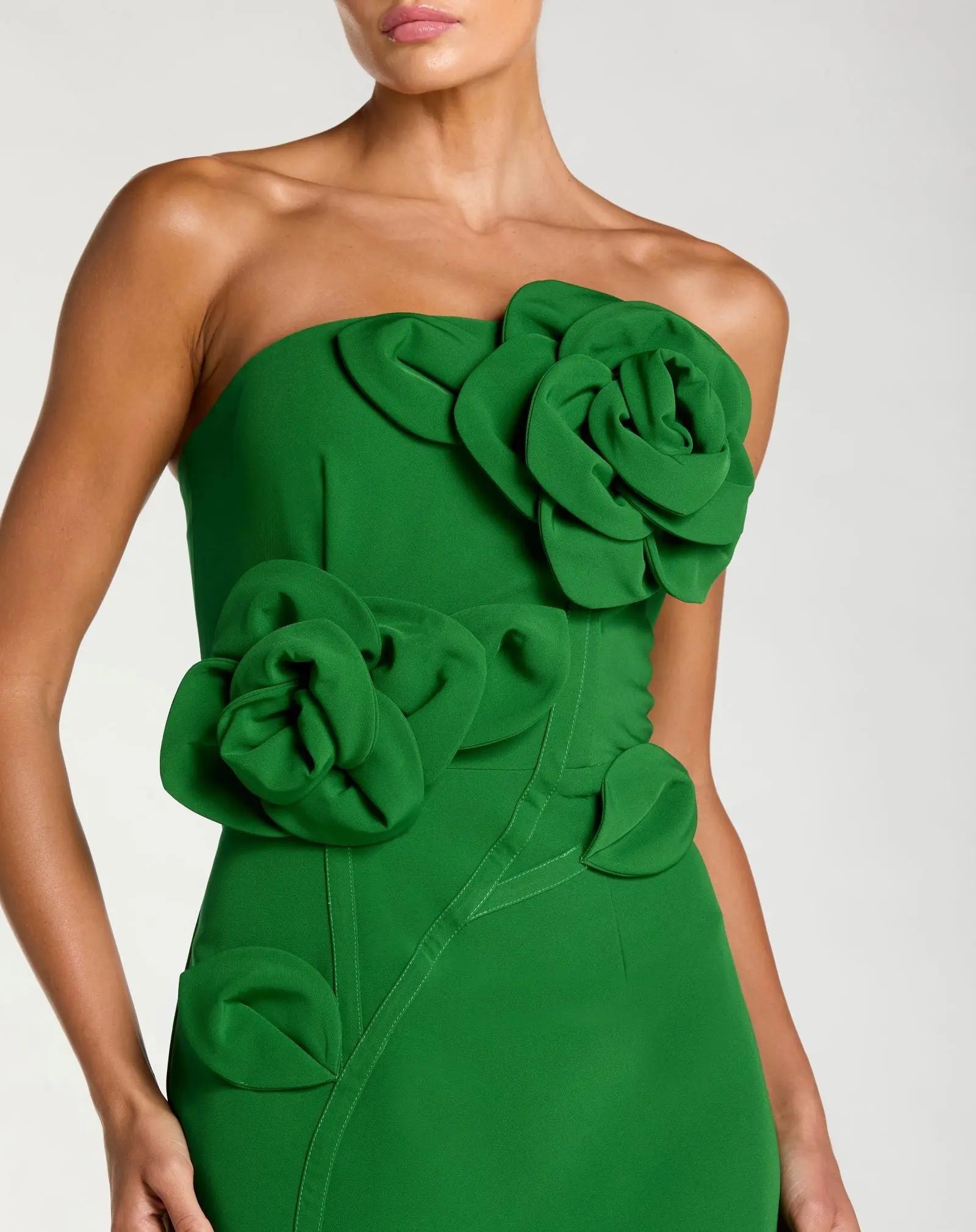 Green Strapless Crepe Dress With 3D Flower Detail - Image 2