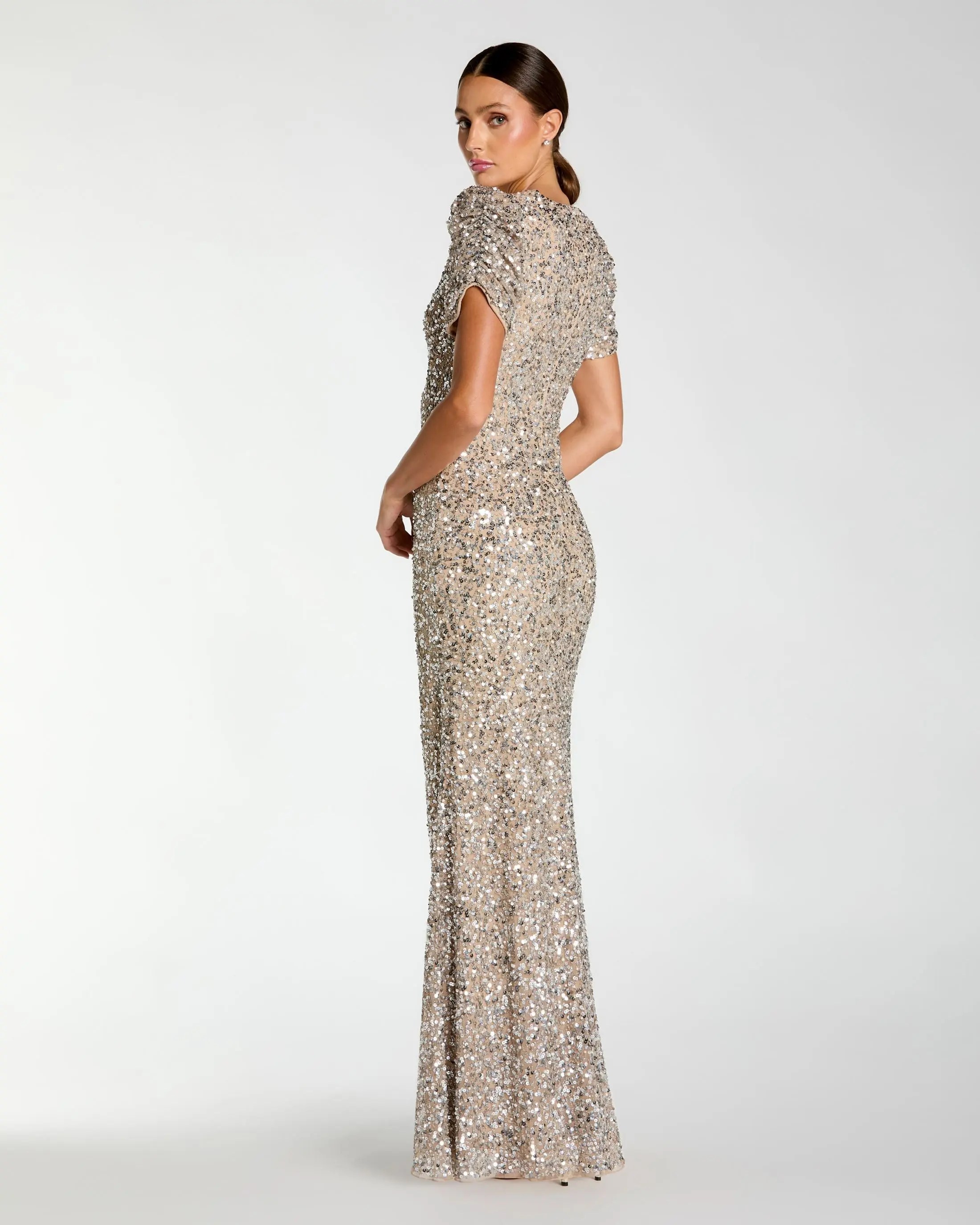Beige Gathered Short Sleeve Embellished Gown - Image 3