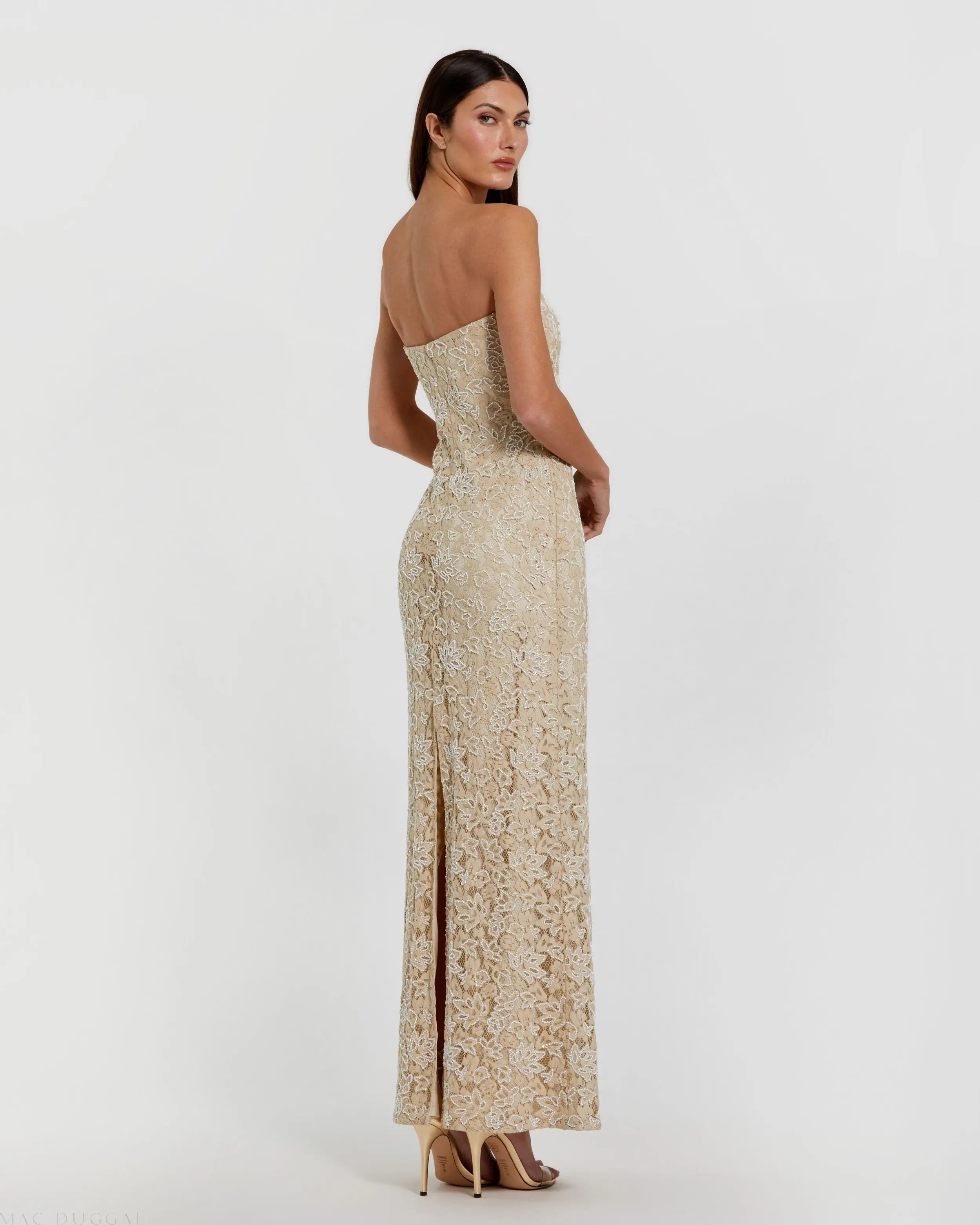 Beige Strapless Beaded Lace Fitted Column Gown - Image 3