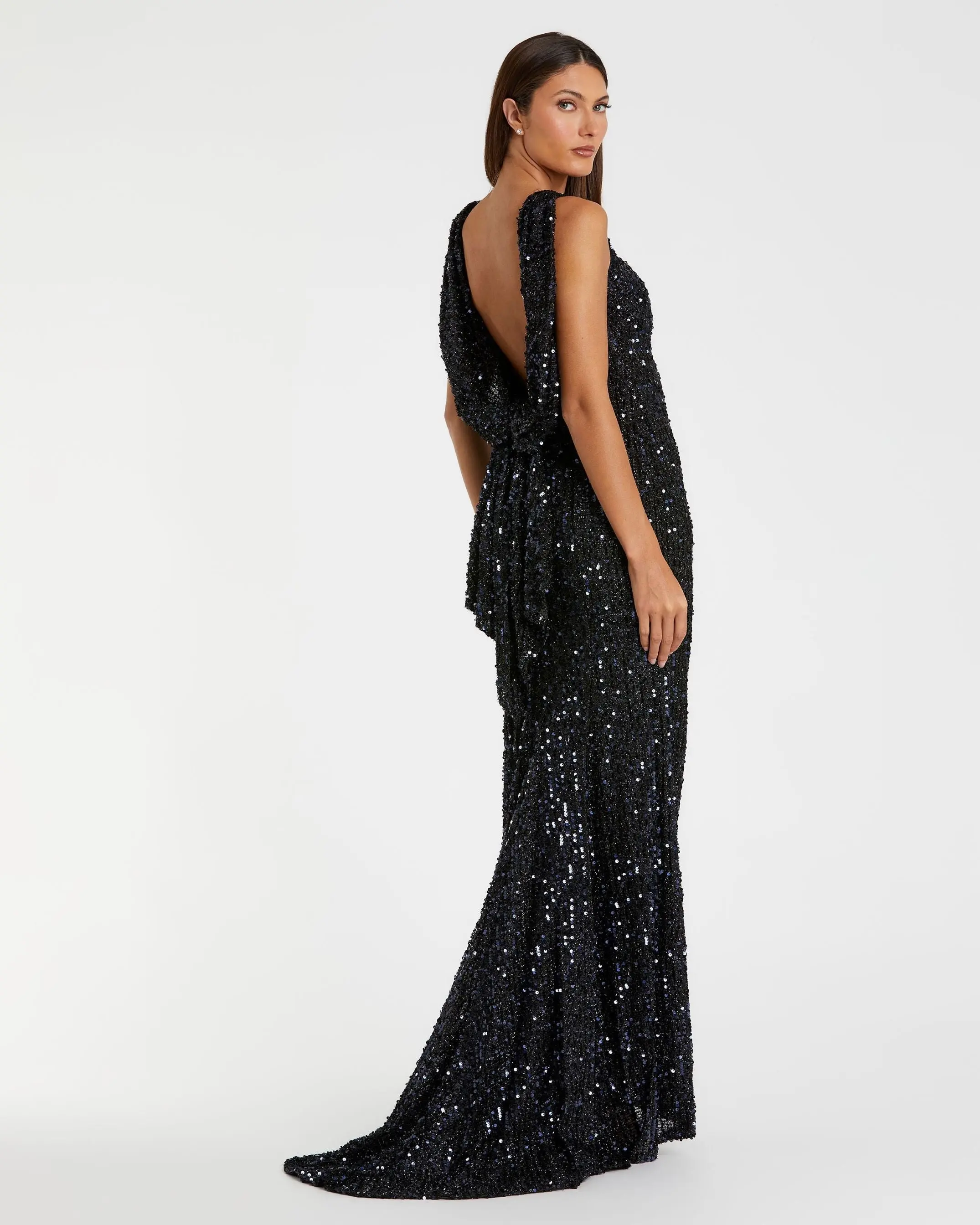 Navy Cowl Back Boat Neck Sequined Evening Gown - Image 3