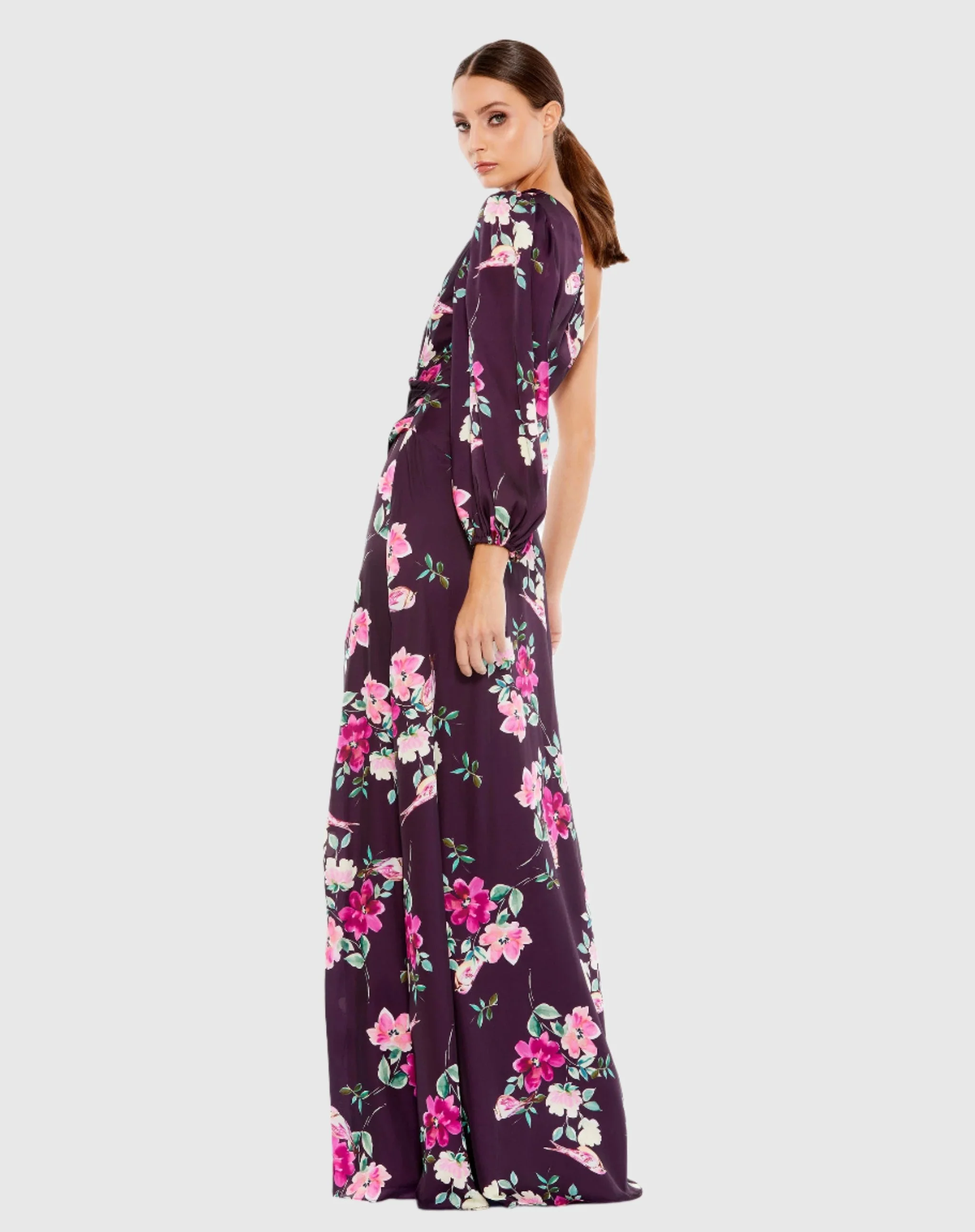 Purple One Sleeve Floral Print Charmeuse Gown With Slit - Image 3