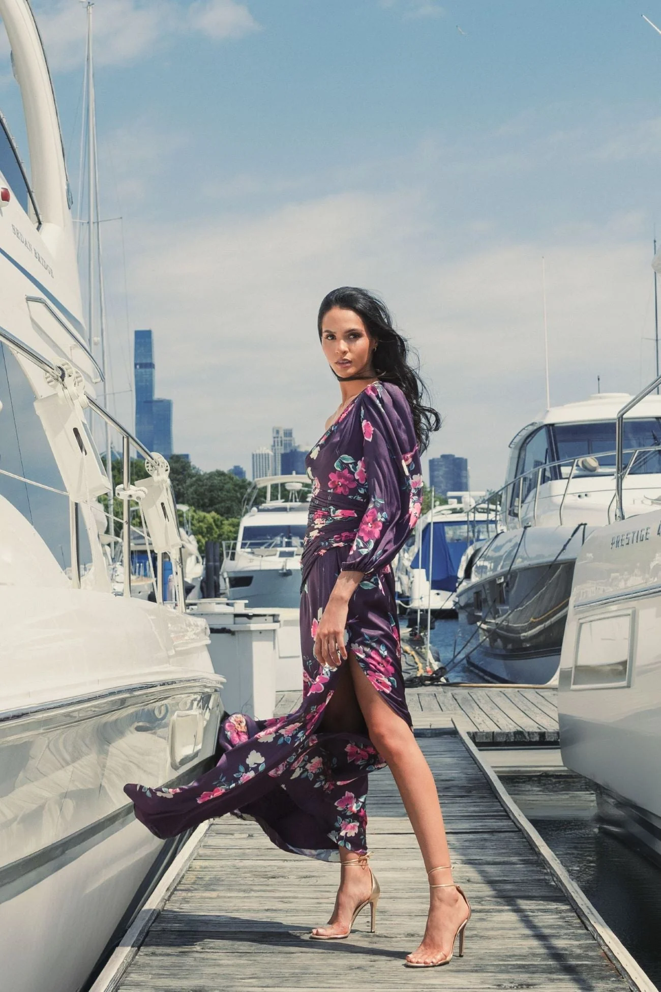 Purple One Sleeve Floral Print Charmeuse Gown With Slit - Image 4